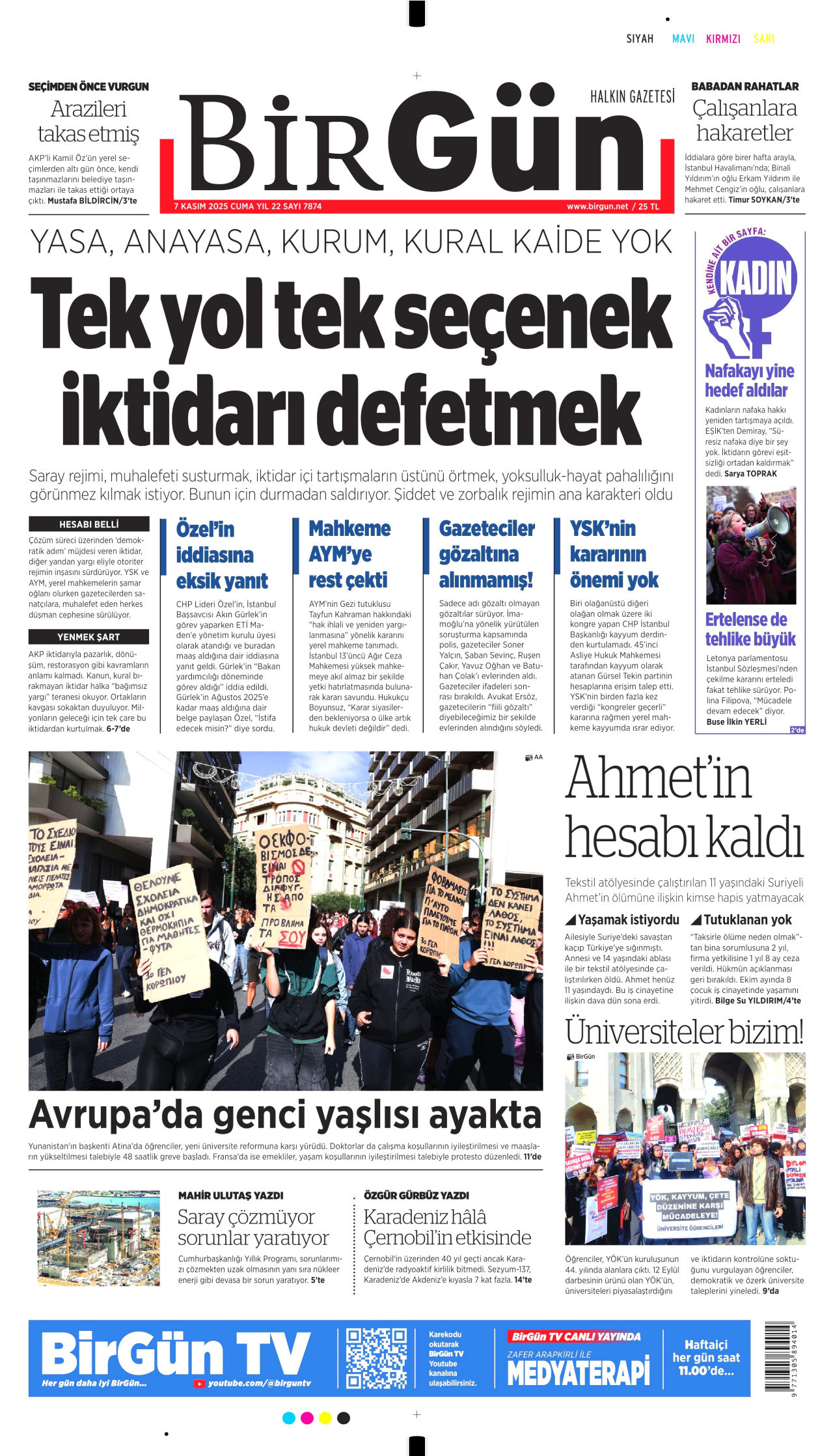 BİRGÜN gazetesinin 7 Kasım 2025 tarihli birinci sayfası