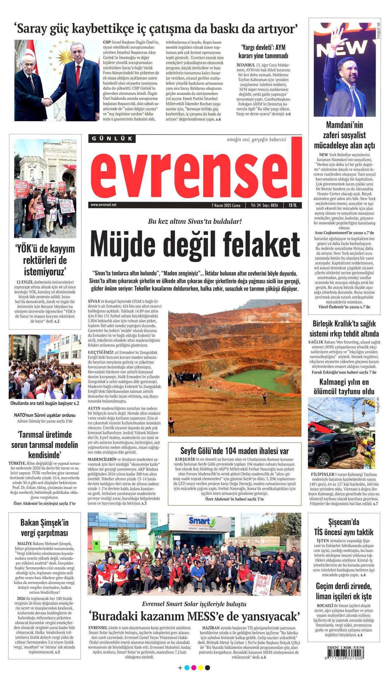 EVRENSEL gazetesinin 7 Kasım 2025 tarihli birinci sayfası