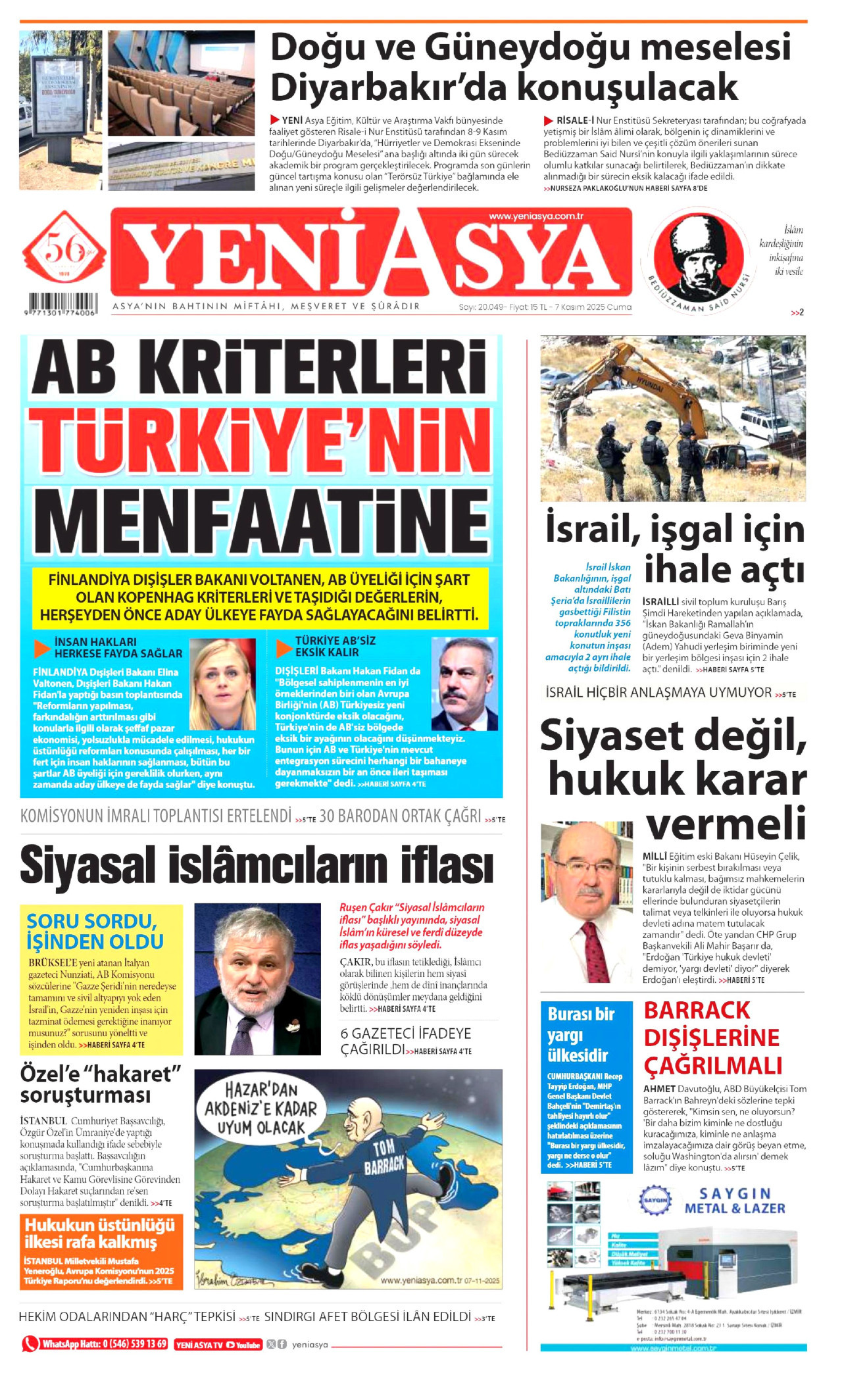 YENİ ASYA gazetesinin 7 Kasım 2025 tarihli birinci sayfası