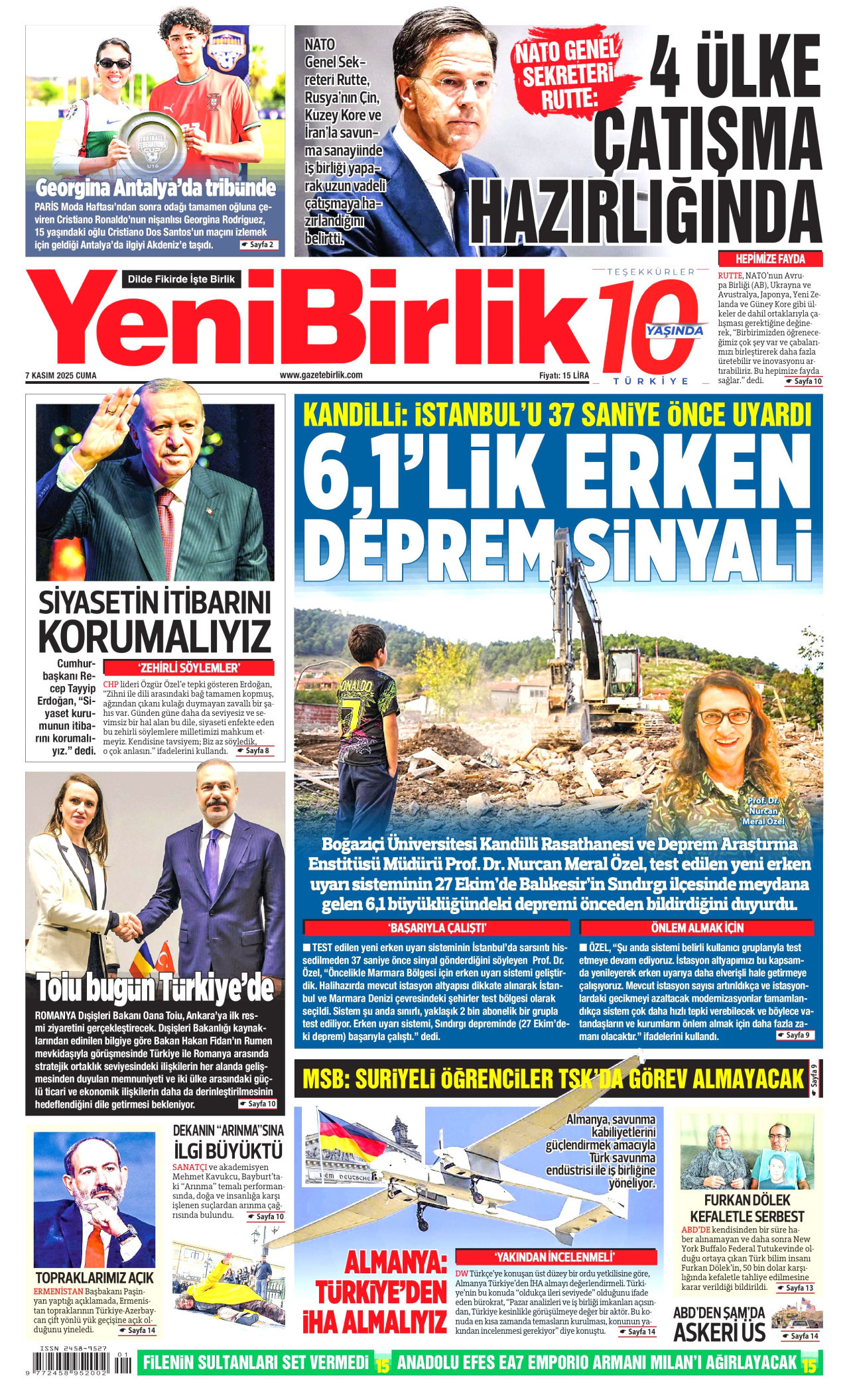YENİBİRLİK gazetesinin 7 Kasım 2025 tarihli birinci sayfası