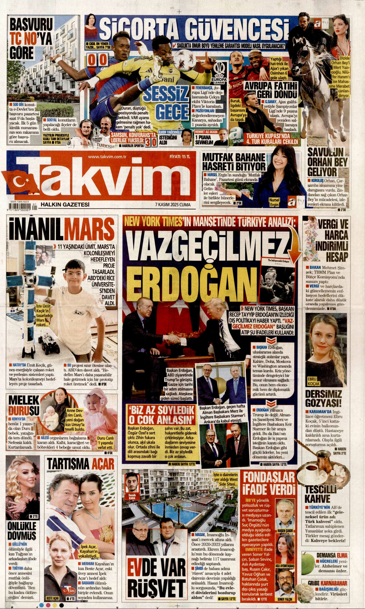 TAKVİM gazetesinin 7 Kasım 2025 tarihli birinci sayfası