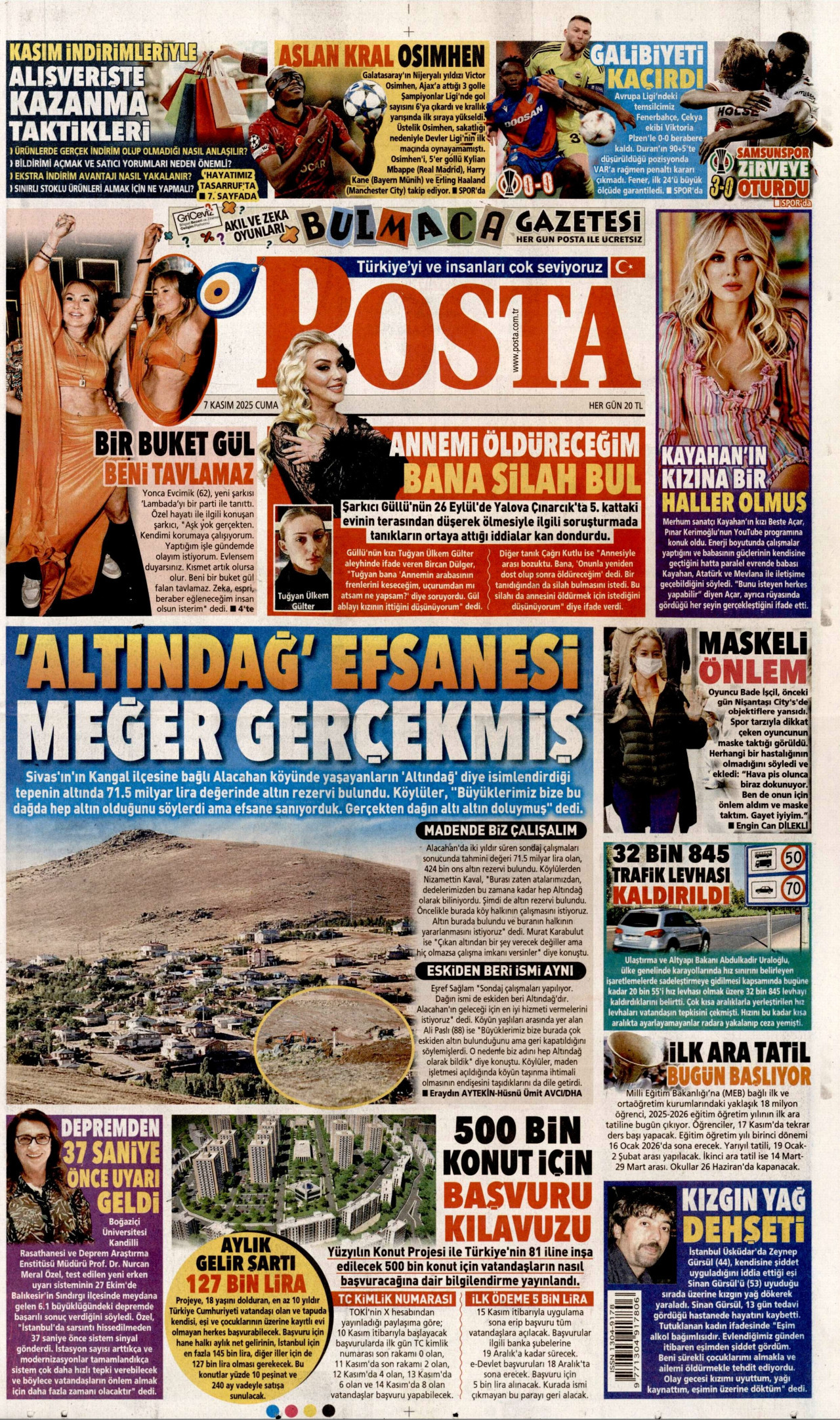 POSTA gazetesinin 7 Kasım 2025 tarihli birinci sayfası