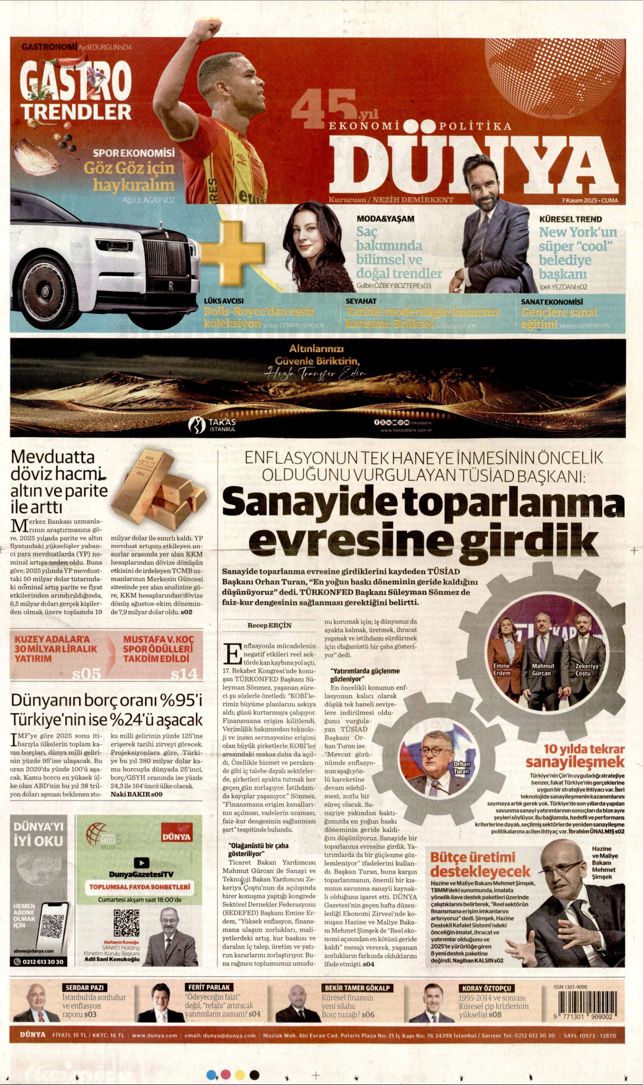 DÜNYA gazetesinin 7 Kasım 2025 tarihli birinci sayfası