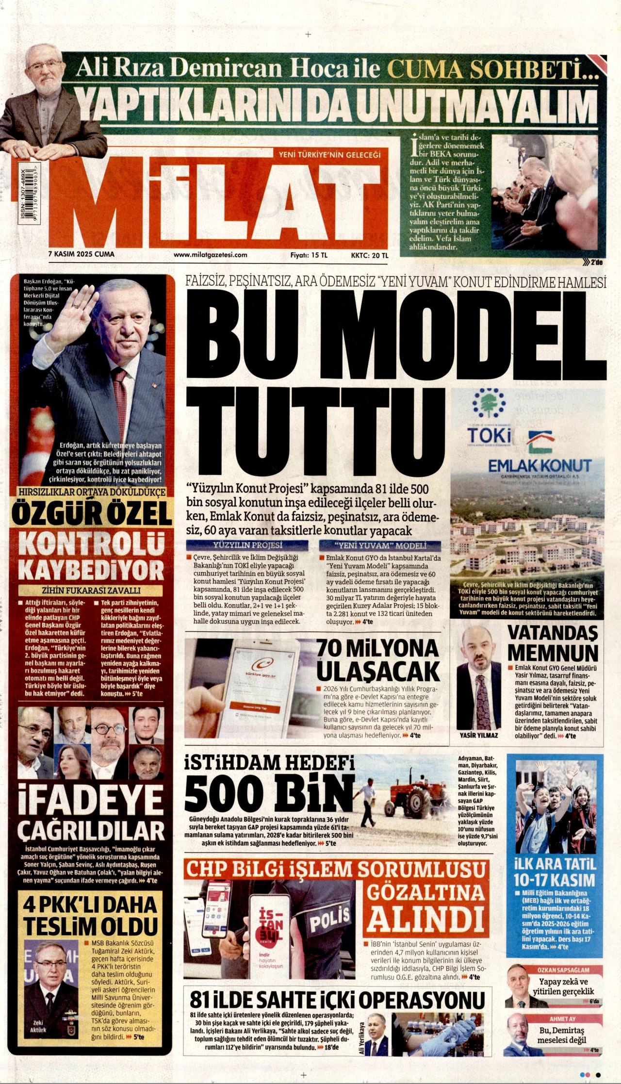 MİLAT gazetesinin 7 Kasım 2025 tarihli birinci sayfası