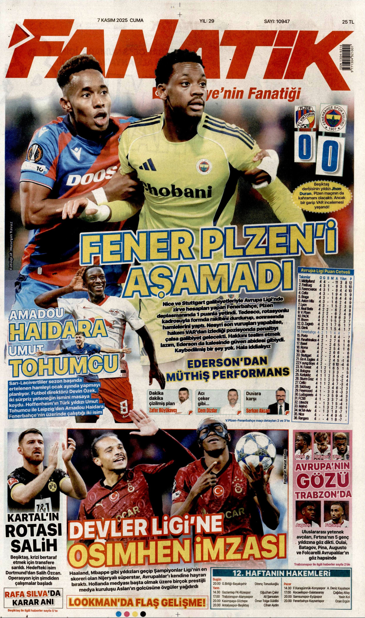 FANATİK gazetesinin 7 Kasım 2025 tarihli birinci sayfası
