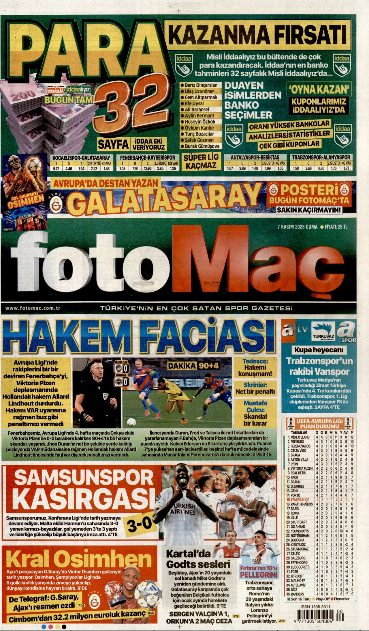 FOTOMAÇ gazetesinin 7 Kasım 2025 tarihli birinci sayfası