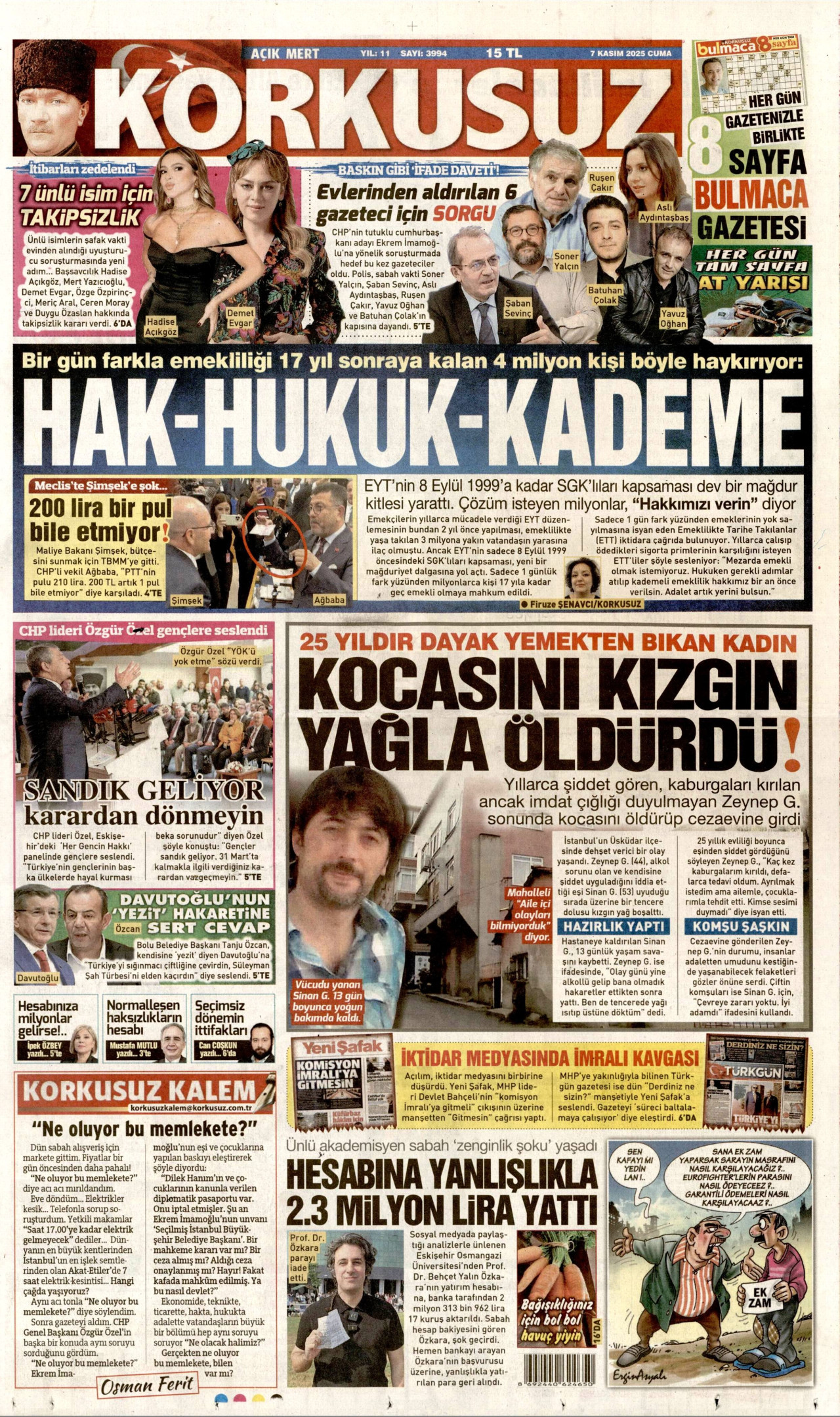 KORKUSUZ gazetesinin 7 Kasım 2025 tarihli birinci sayfası