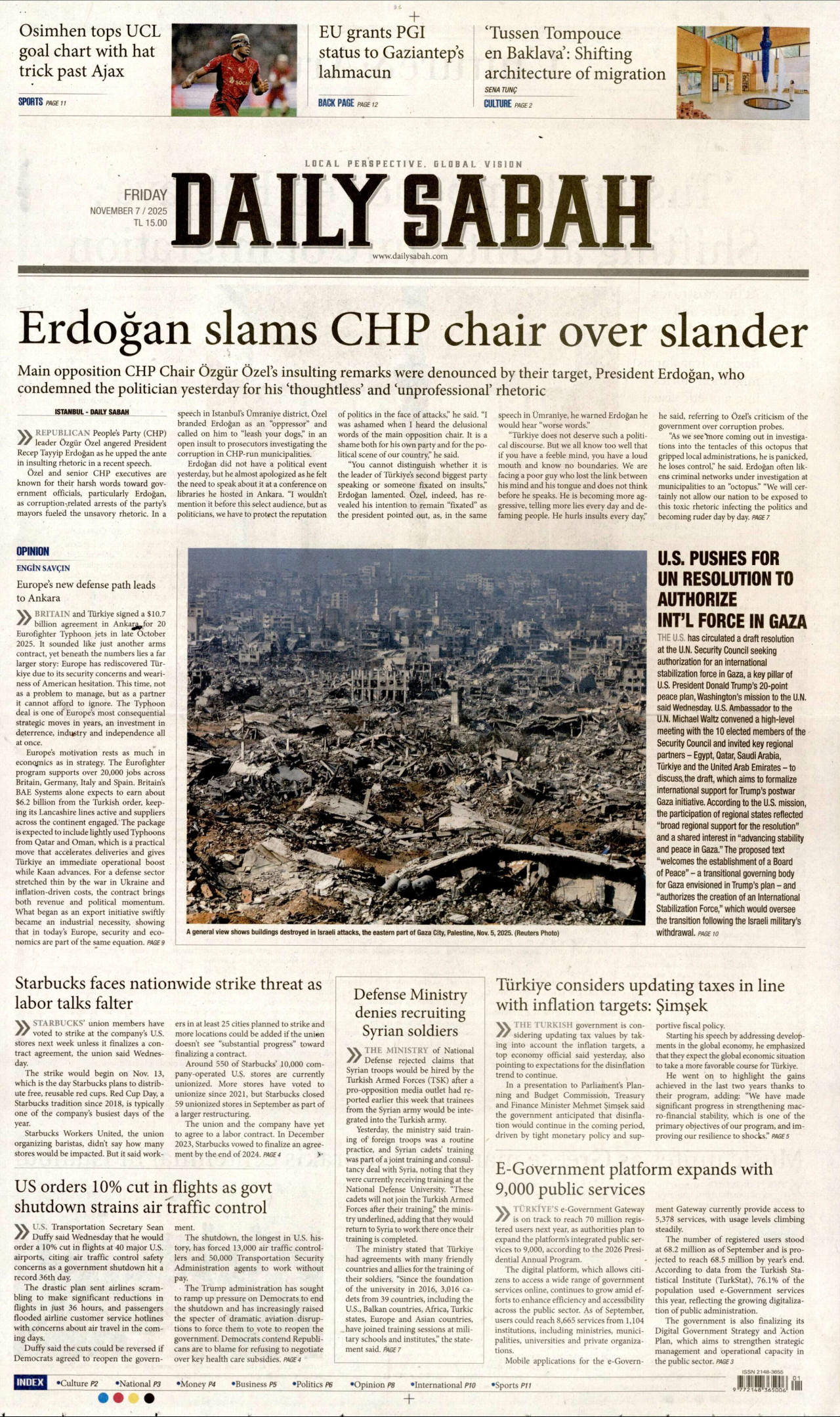 DAİLY SABAH gazetesinin 7 Kasım 2025 tarihli birinci sayfası