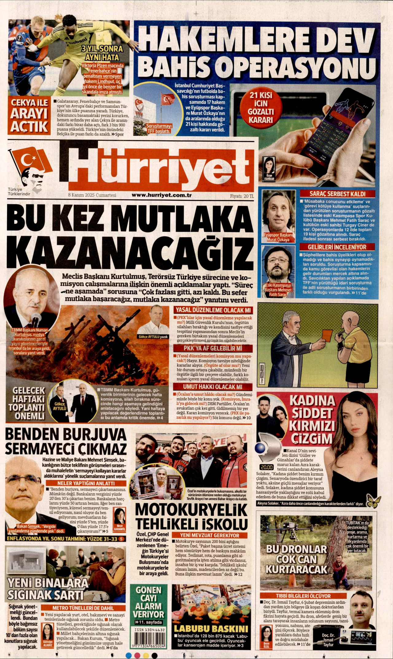 HÜRRİYET gazetesinin 8 Kasım 2025 tarihli birinci sayfası