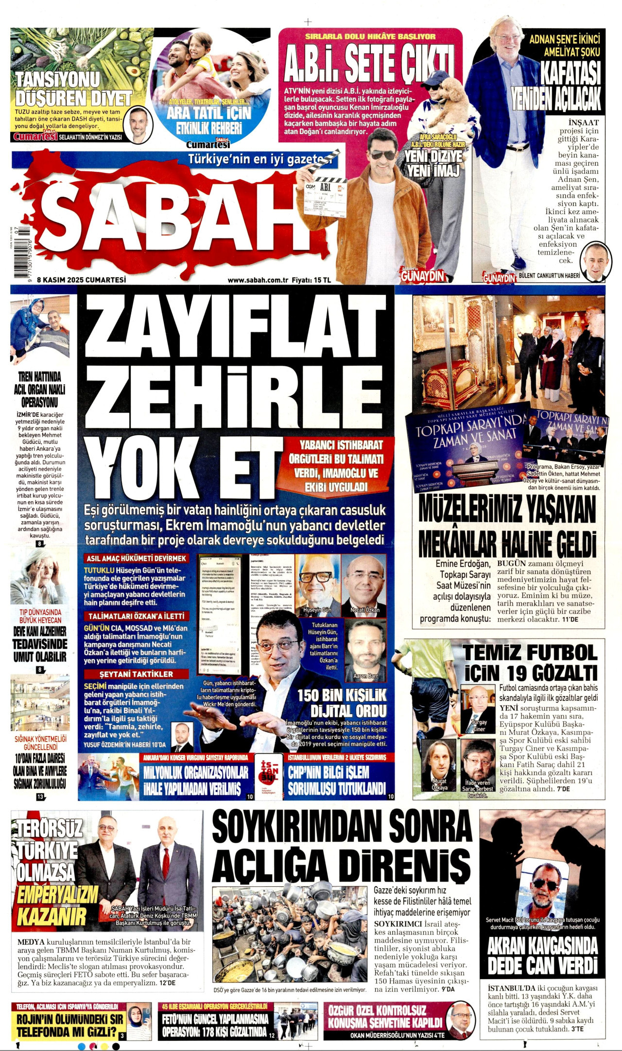 SABAH gazetesinin 8 Kasım 2025 tarihli birinci sayfası