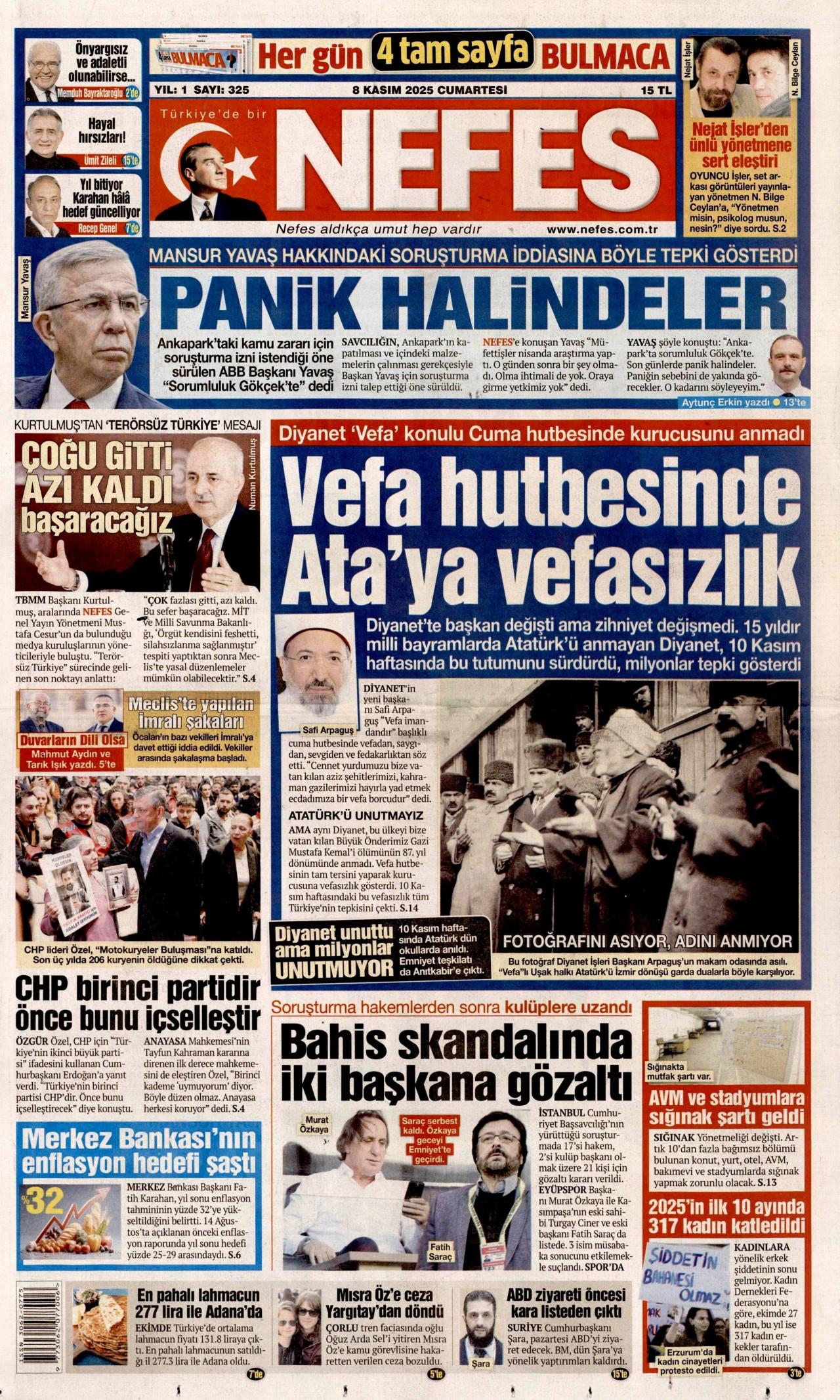 NEFES gazetesinin 8 Kasım 2025 tarihli birinci sayfası