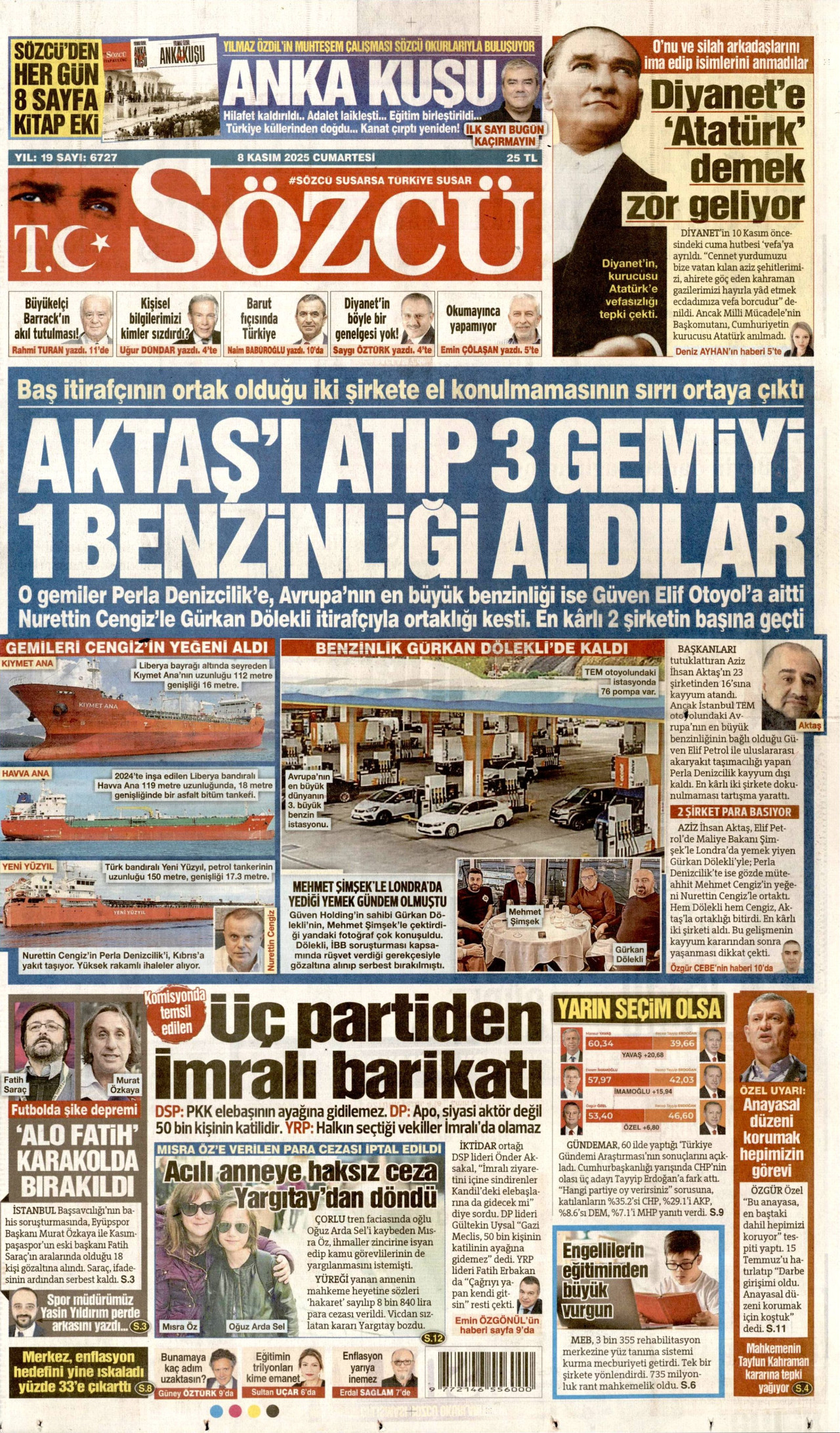 SÖZCÜ gazetesinin 8 Kasım 2025 tarihli birinci sayfası
