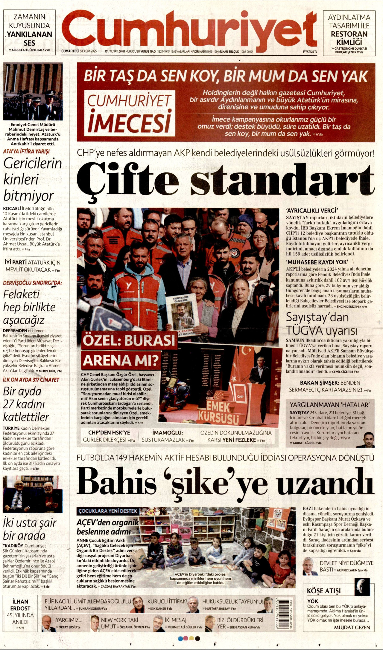 CUMHURİYET gazetesinin 8 Kasım 2025 tarihli birinci sayfası