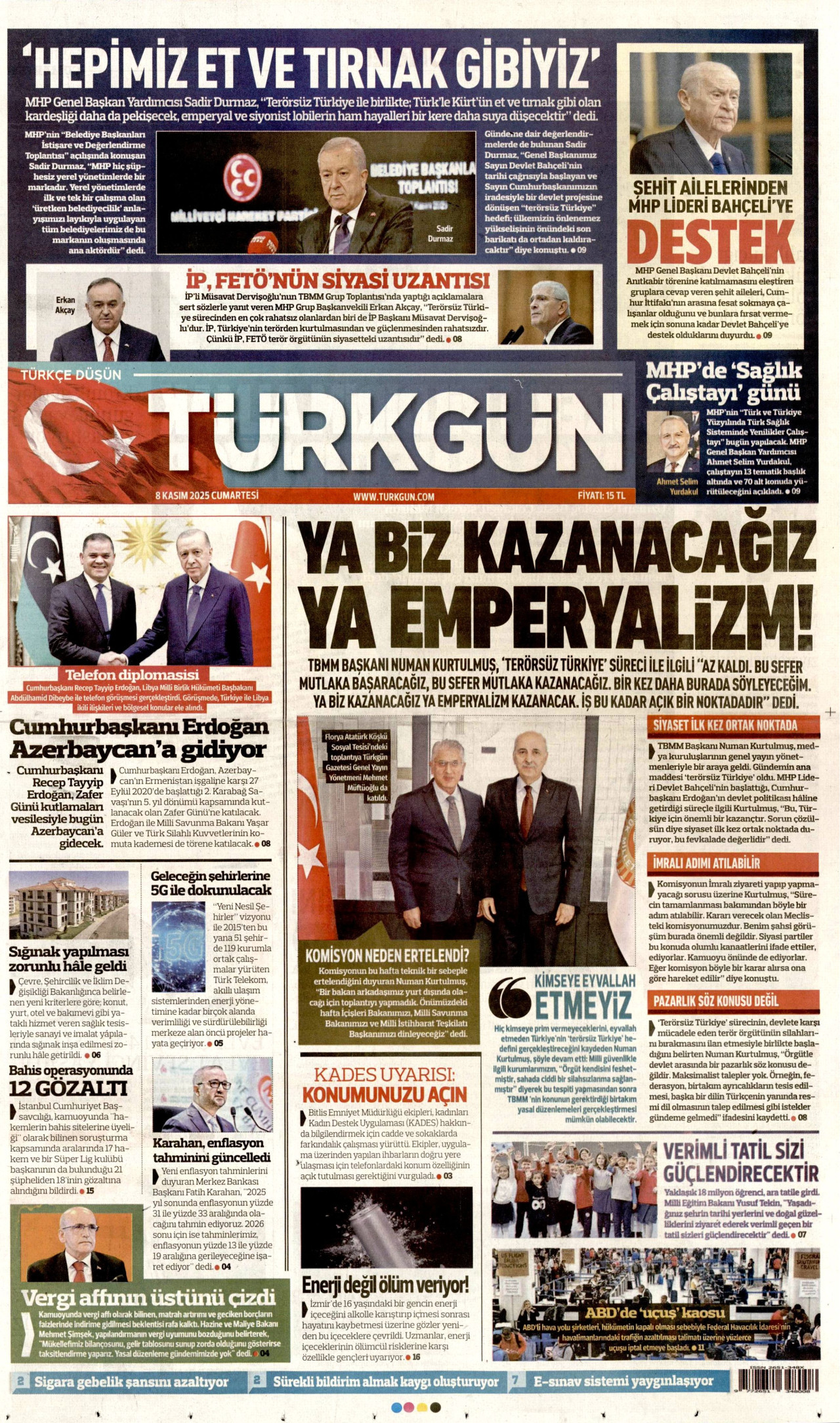 TÜRKGÜN gazetesinin 8 Kasım 2025 tarihli birinci sayfası