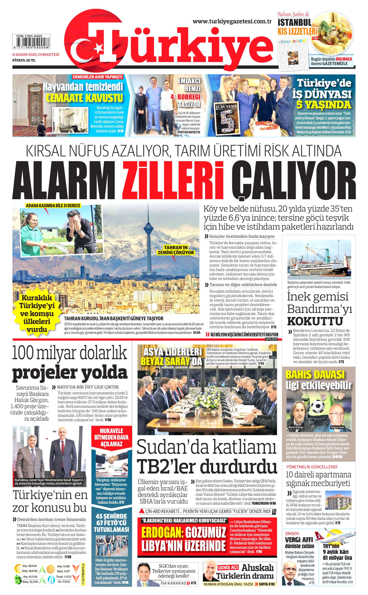 TÜRKİYE GAZETESİ gazetesinin 8 Kasım 2025 tarihli birinci sayfası