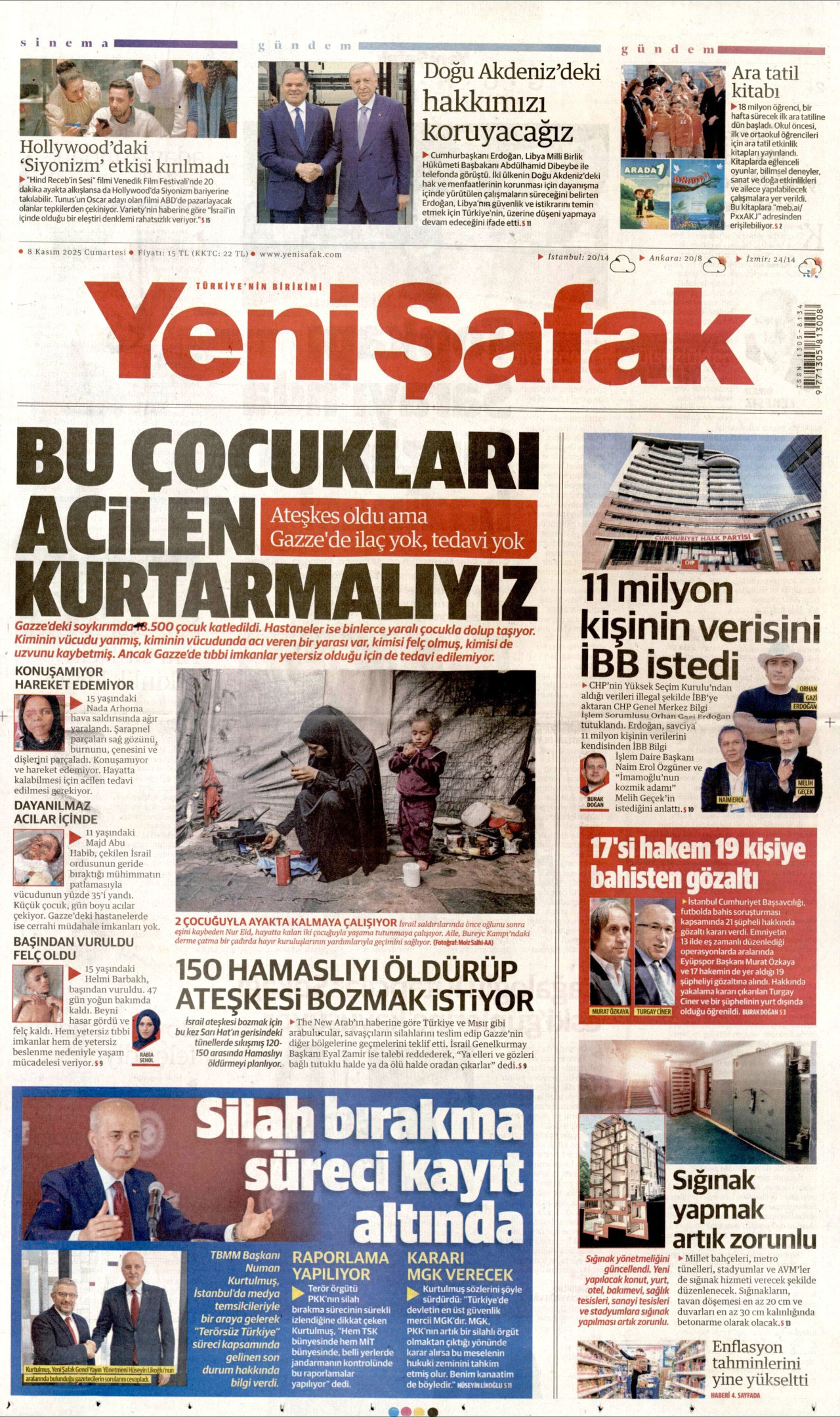 YENİ ŞAFAK gazetesinin 8 Kasım 2025 tarihli birinci sayfası
