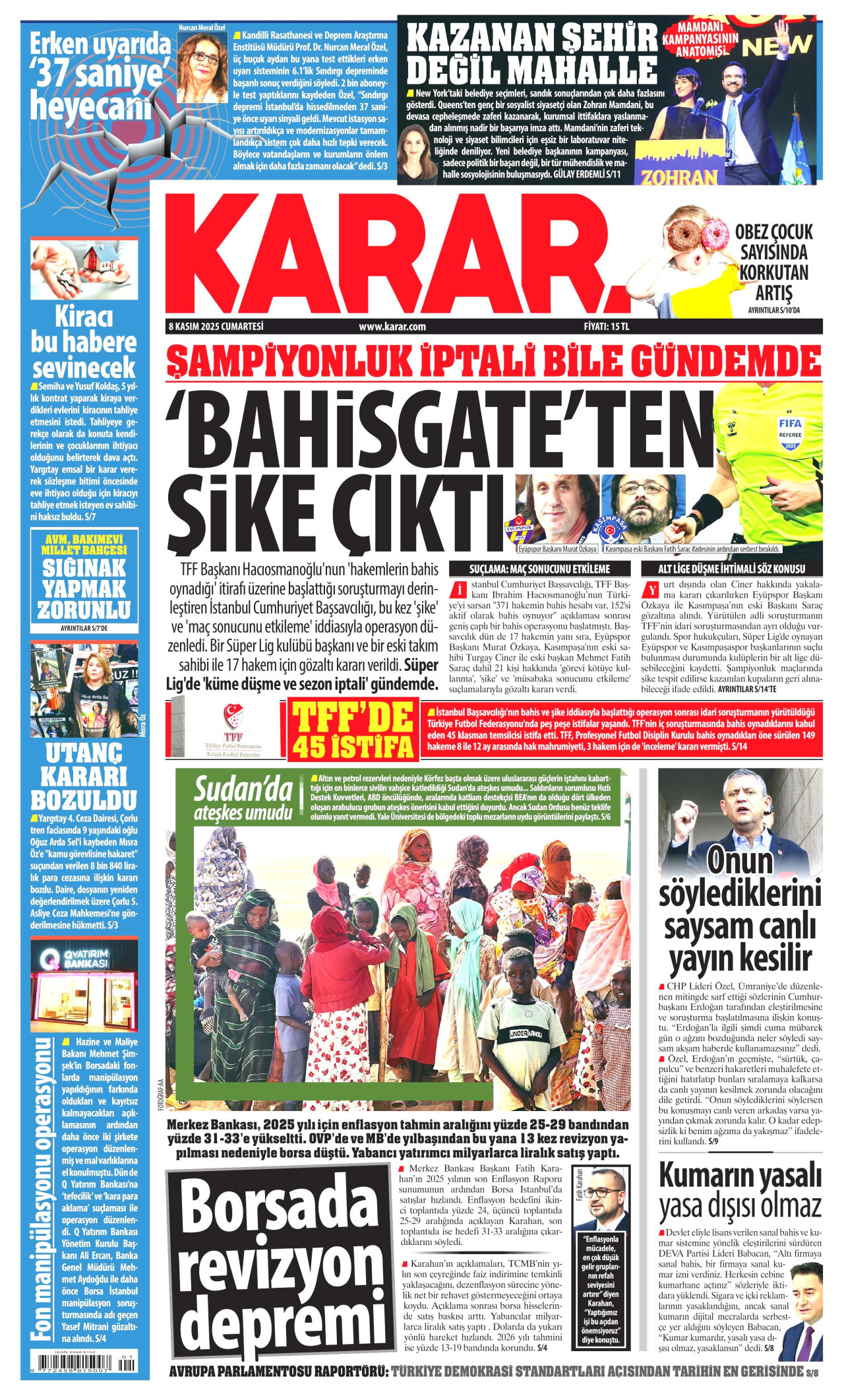 KARAR gazetesinin 8 Kasım 2025 tarihli birinci sayfası