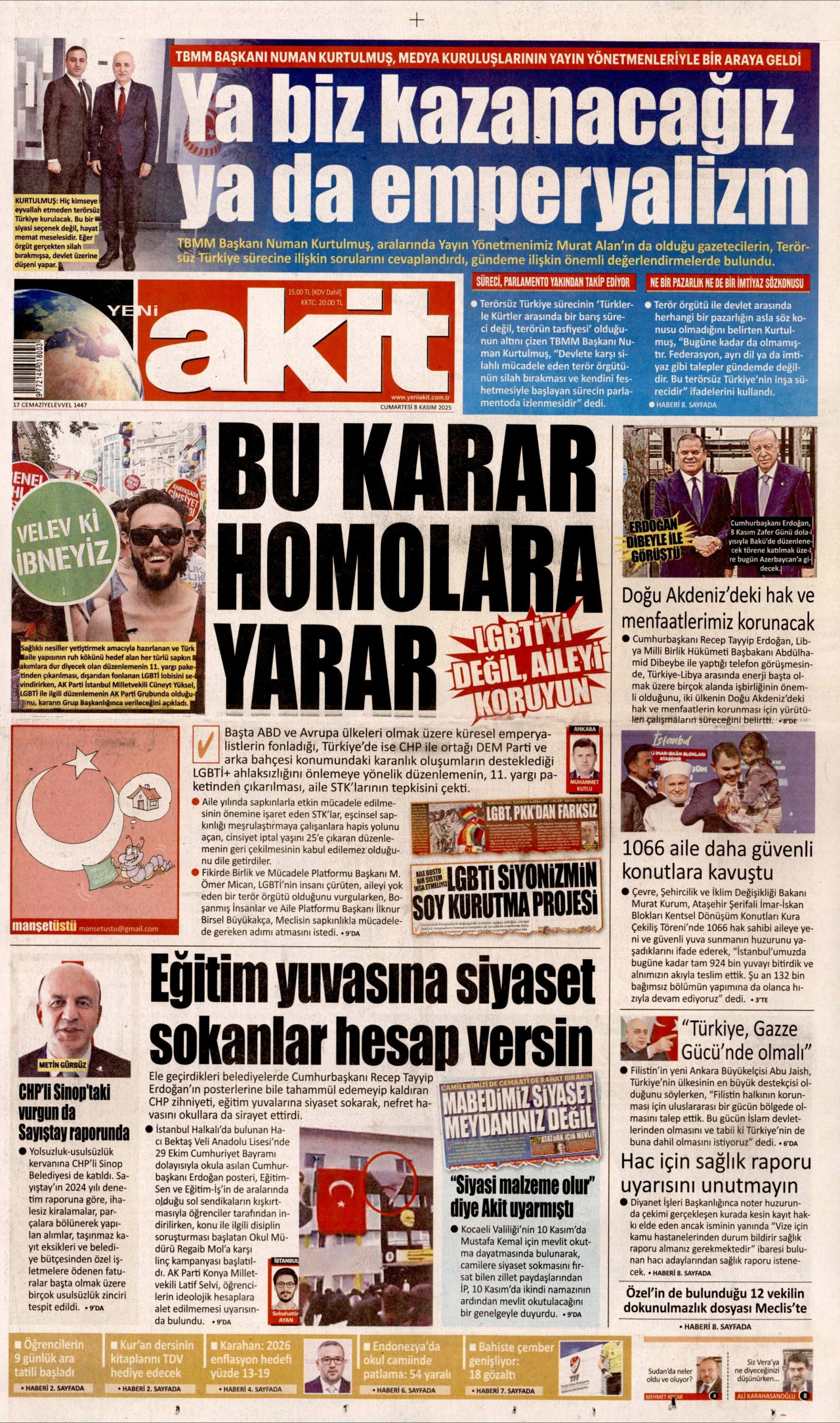 YENİ AKİT gazetesinin 8 Kasım 2025 tarihli birinci sayfası