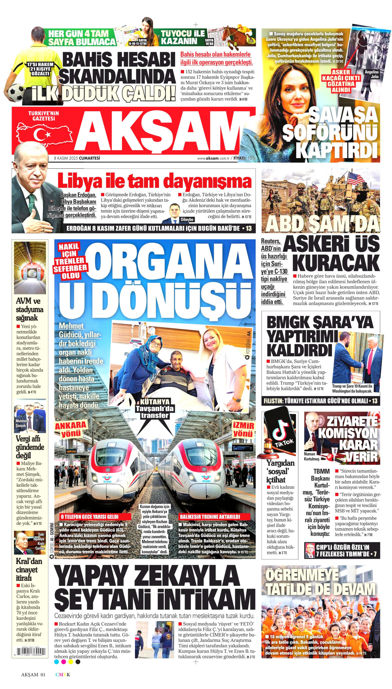 AKŞAM gazetesinin 8 Kasım 2025 tarihli birinci sayfası