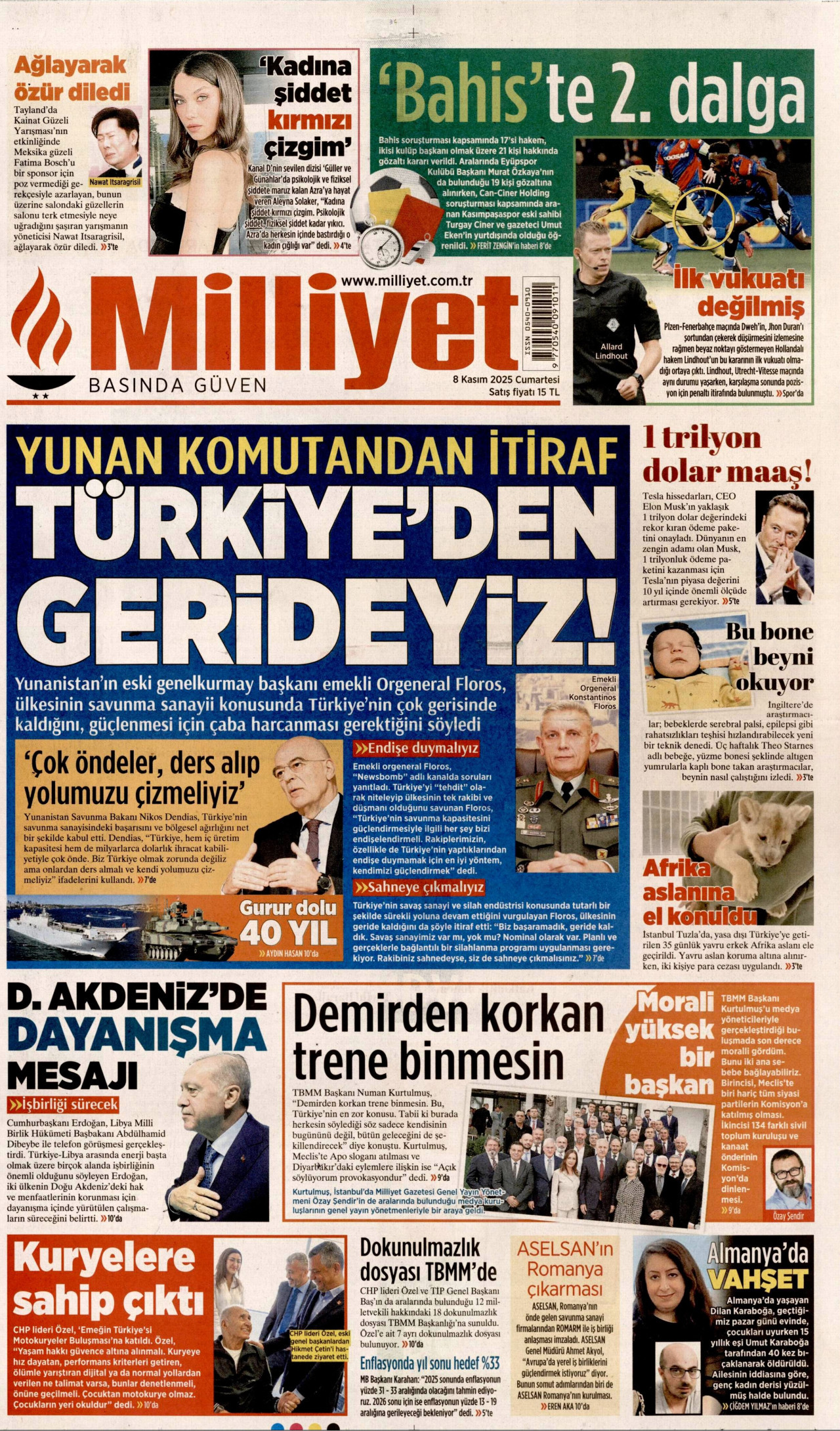 MİLLİYET gazetesinin 8 Kasım 2025 tarihli birinci sayfası