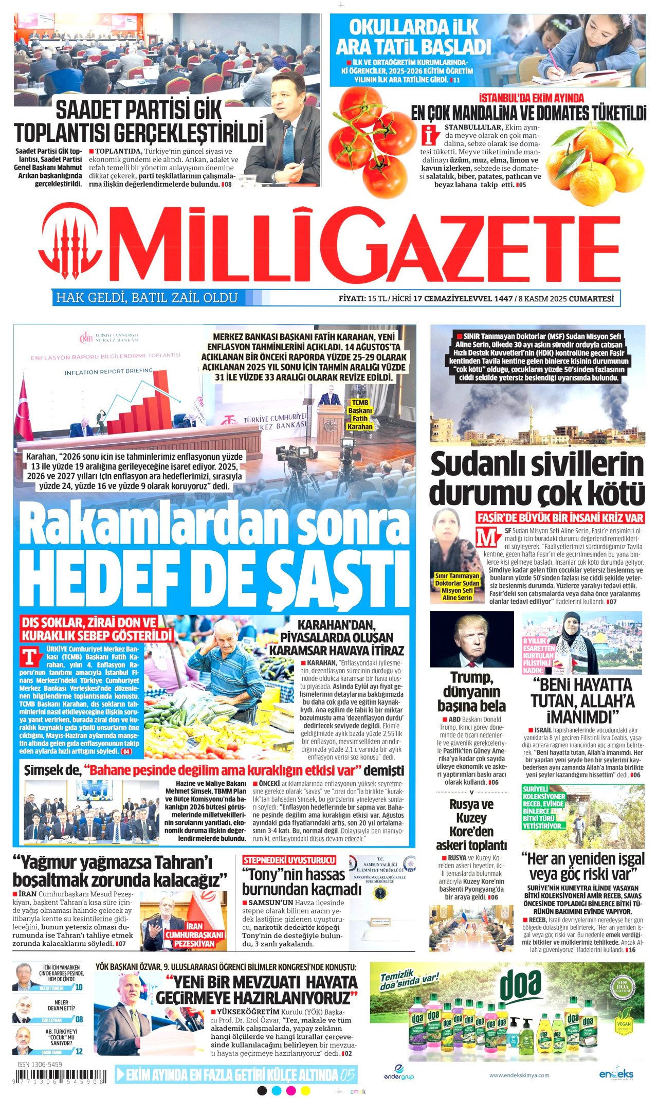 MİLLİ GAZETE gazetesinin 8 Kasım 2025 tarihli birinci sayfası