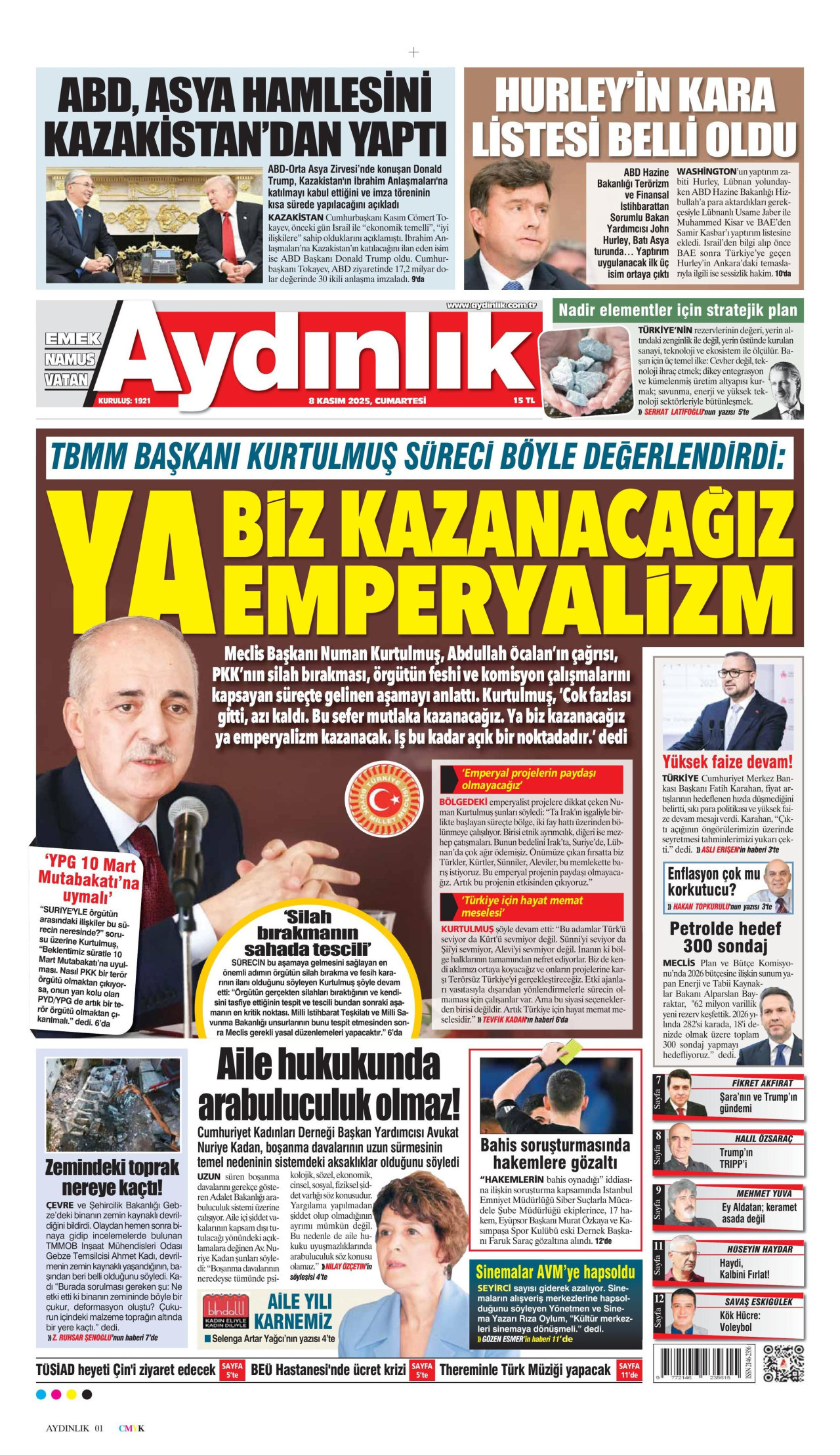 AYDINLIK GAZETESİ gazetesinin 8 Kasım 2025 tarihli birinci sayfası