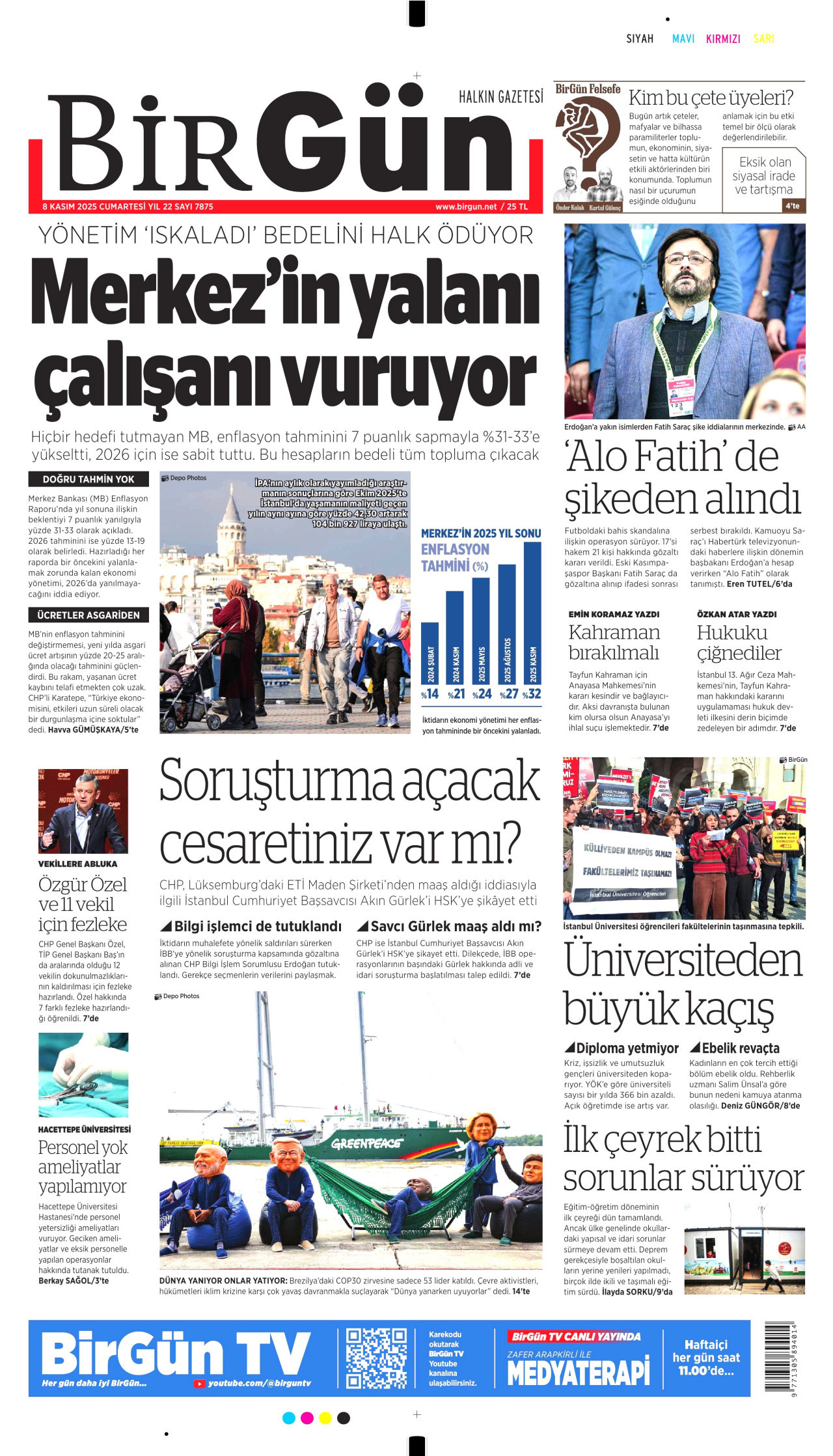 BİRGÜN gazetesinin 8 Kasım 2025 tarihli birinci sayfası