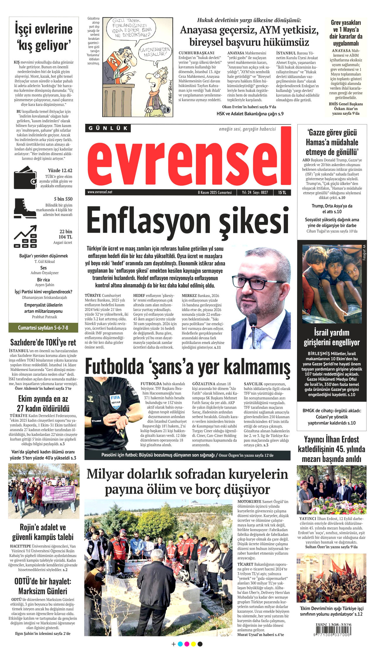 EVRENSEL gazetesinin 8 Kasım 2025 tarihli birinci sayfası