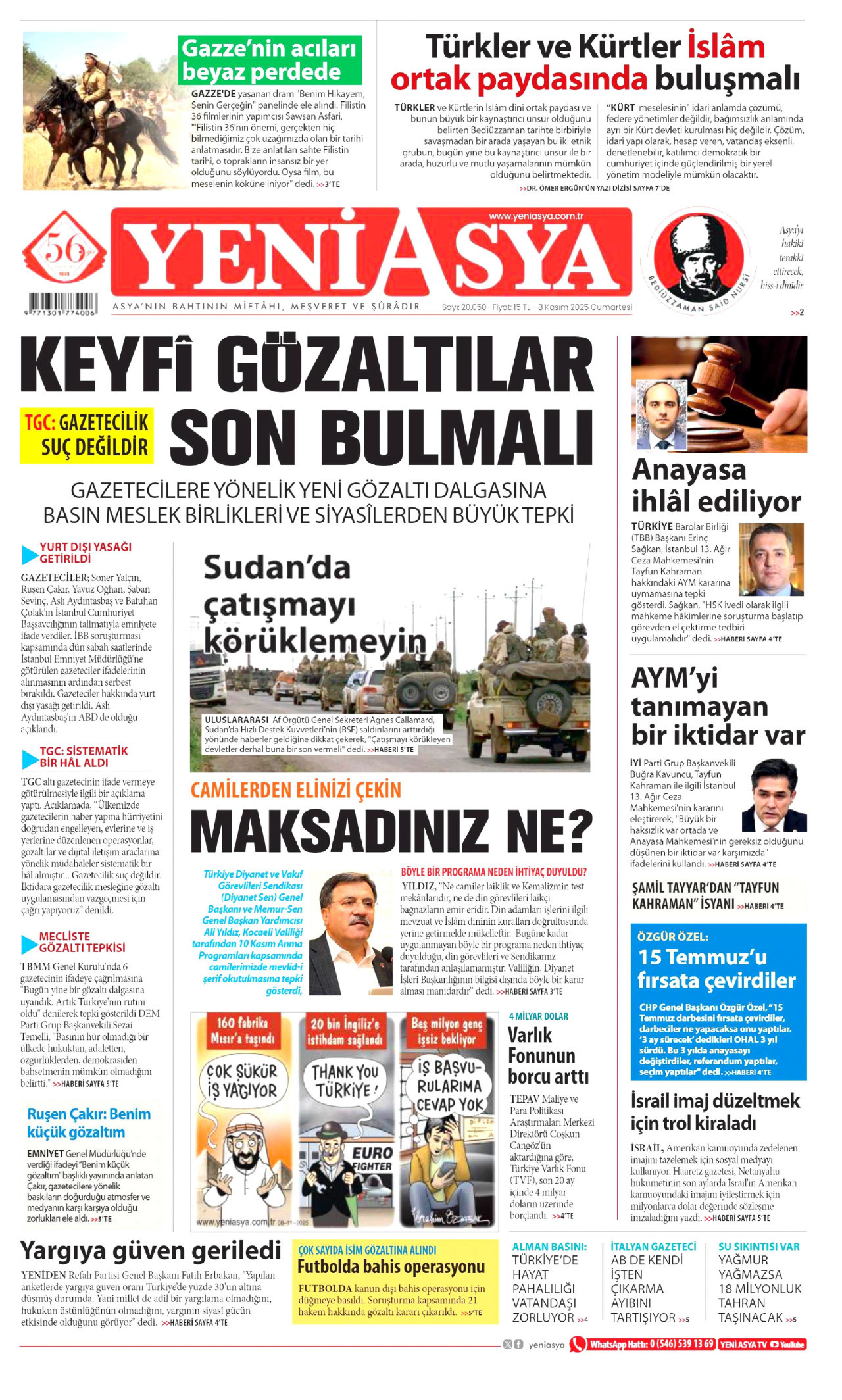 YENİ ASYA gazetesinin 8 Kasım 2025 tarihli birinci sayfası
