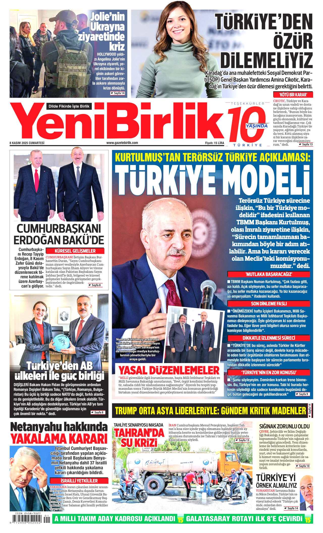 YENİBİRLİK gazetesinin 8 Kasım 2025 tarihli birinci sayfası