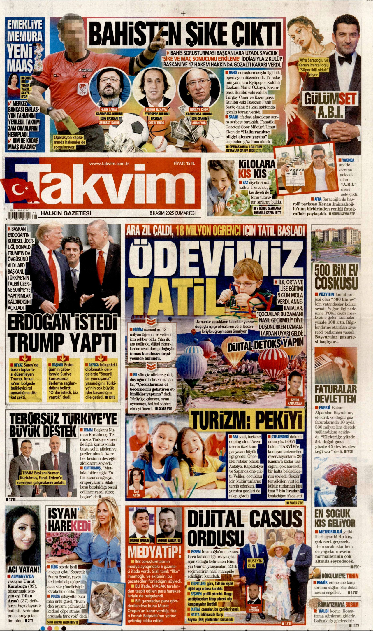 TAKVİM gazetesinin 8 Kasım 2025 tarihli birinci sayfası