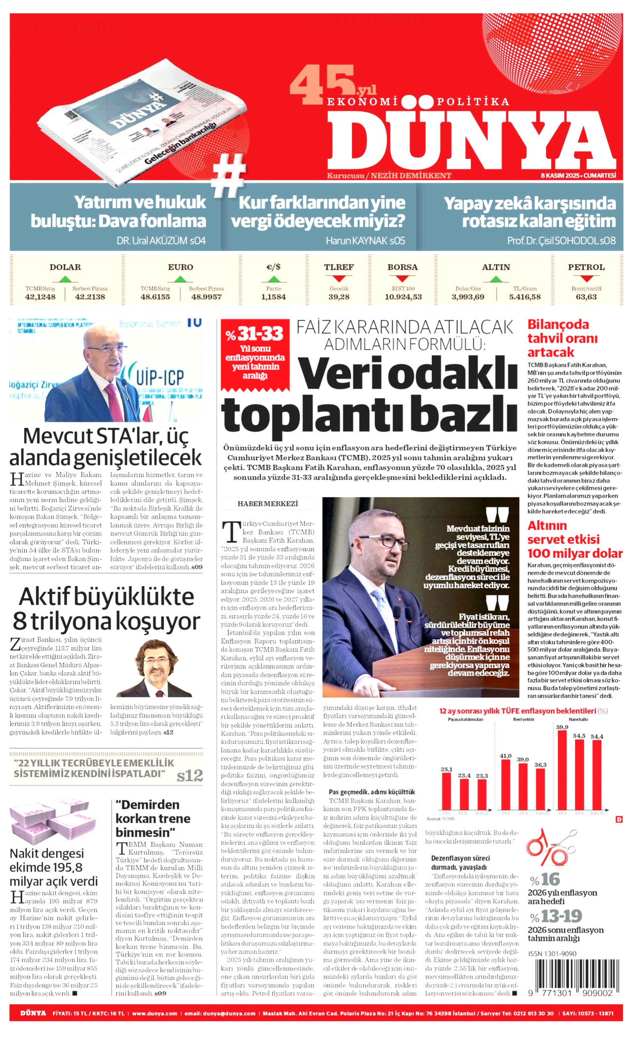 DÜNYA gazetesinin 8 Kasım 2025 tarihli birinci sayfası