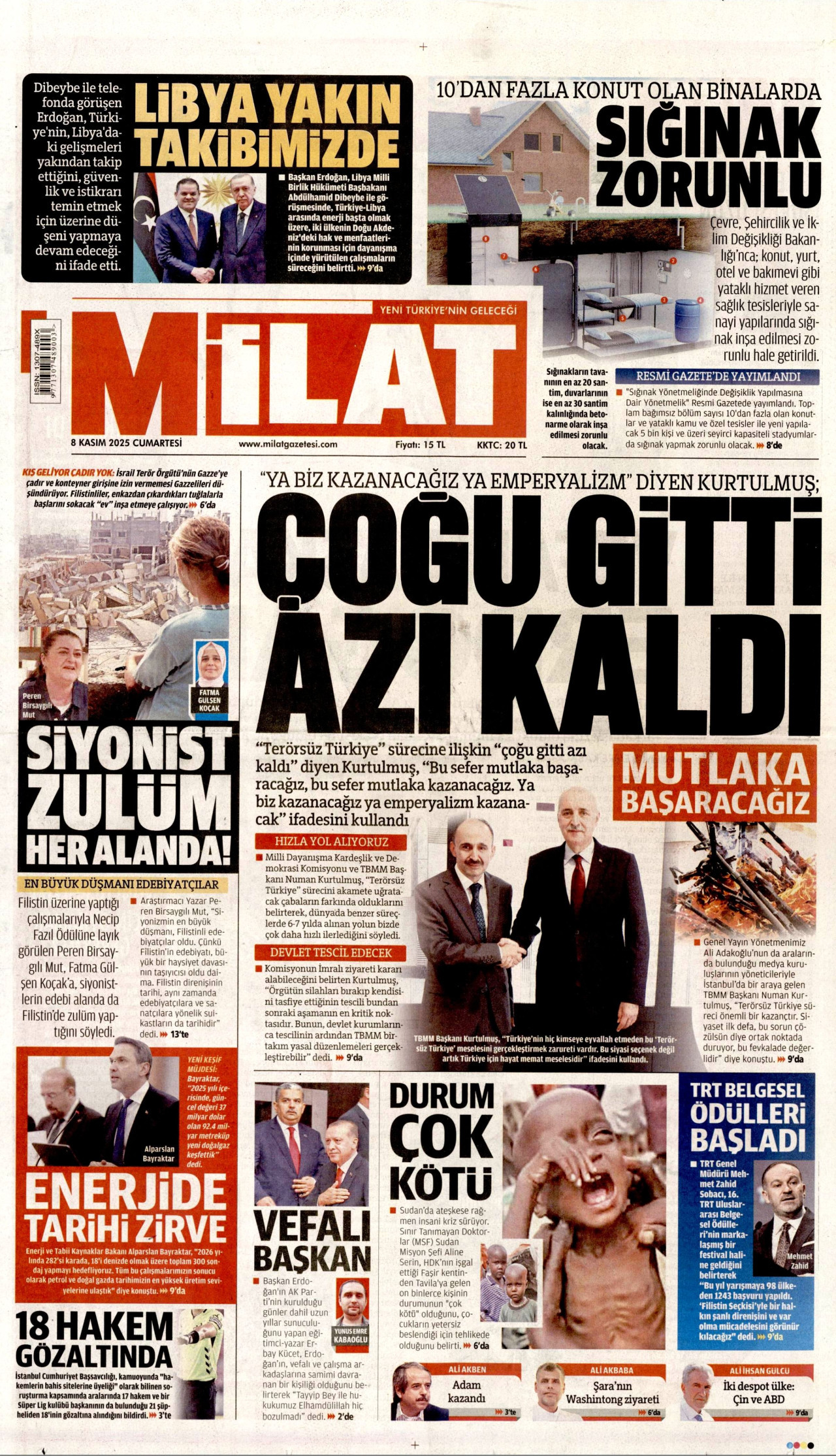 MİLAT gazetesinin 8 Kasım 2025 tarihli birinci sayfası