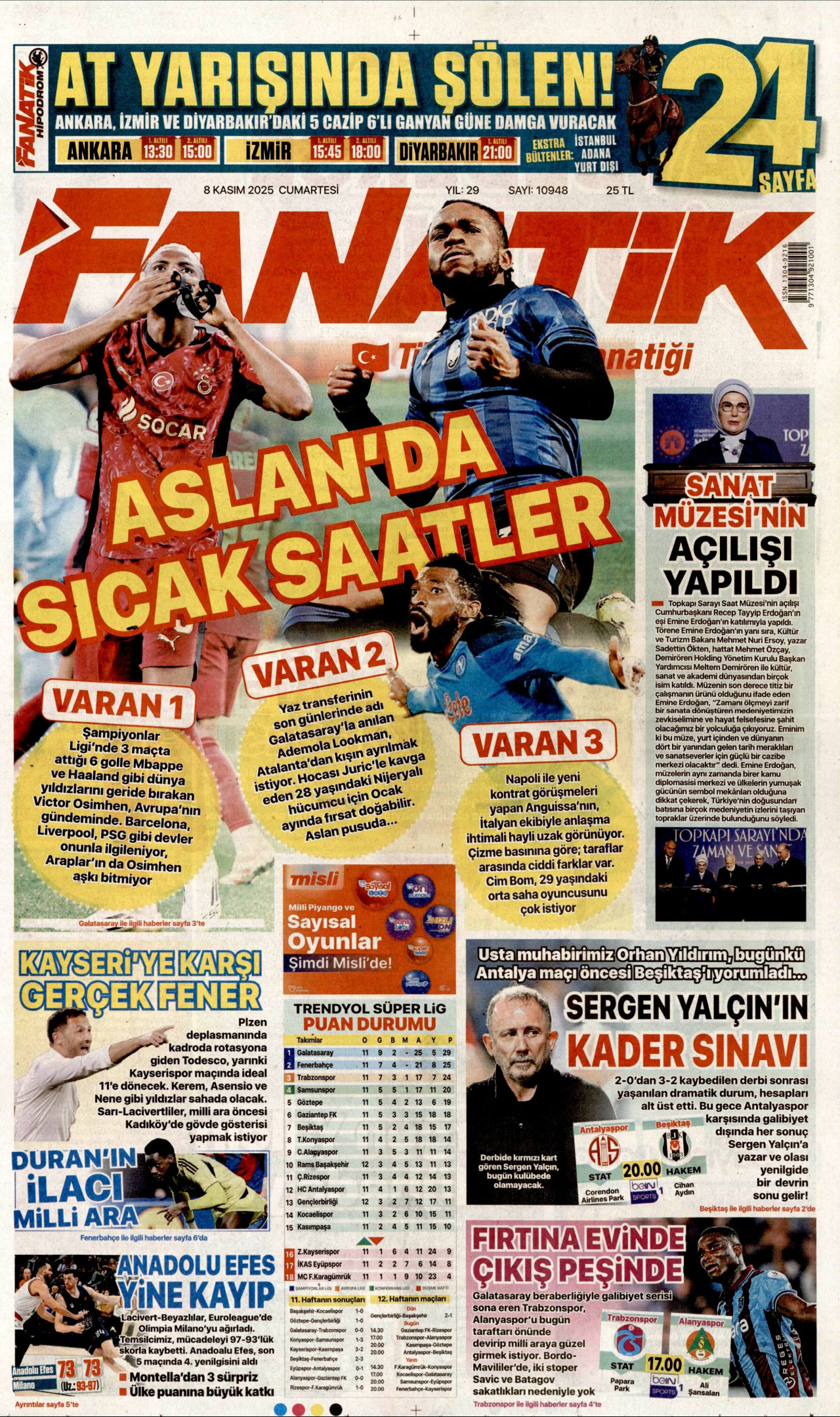FANATİK gazetesinin 8 Kasım 2025 tarihli birinci sayfası