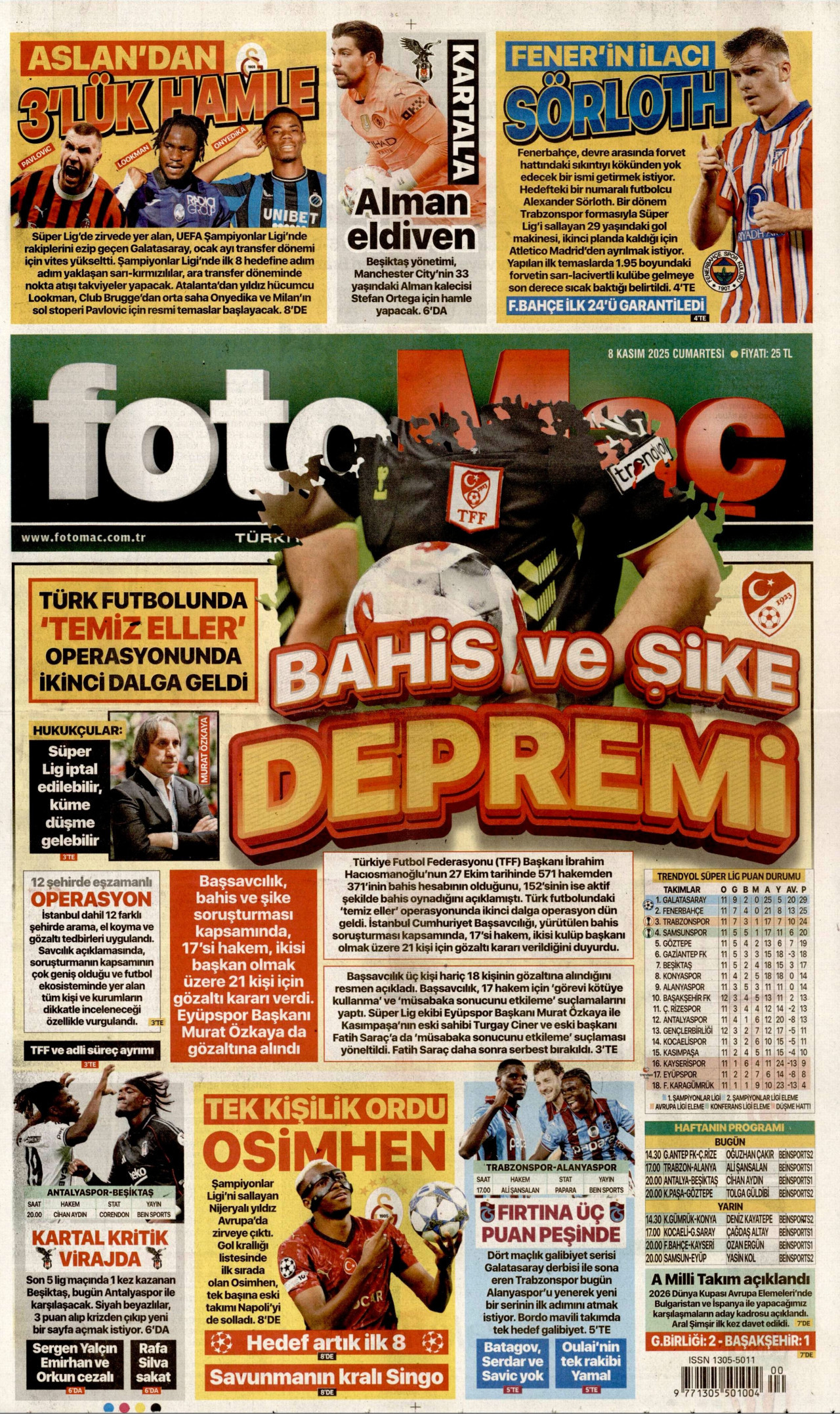 FOTOMAÇ gazetesinin 8 Kasım 2025 tarihli birinci sayfası