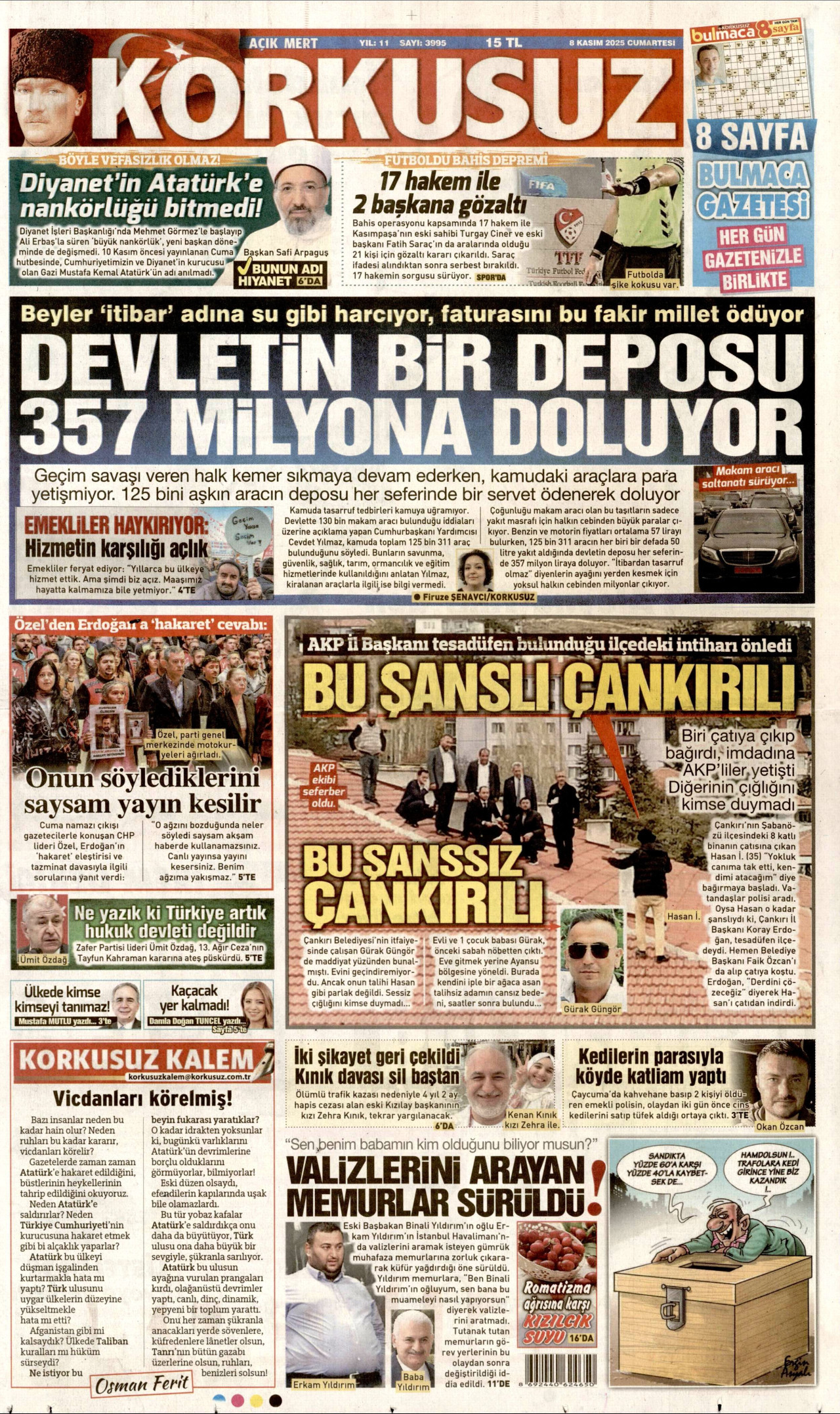 KORKUSUZ gazetesinin 8 Kasım 2025 tarihli birinci sayfası