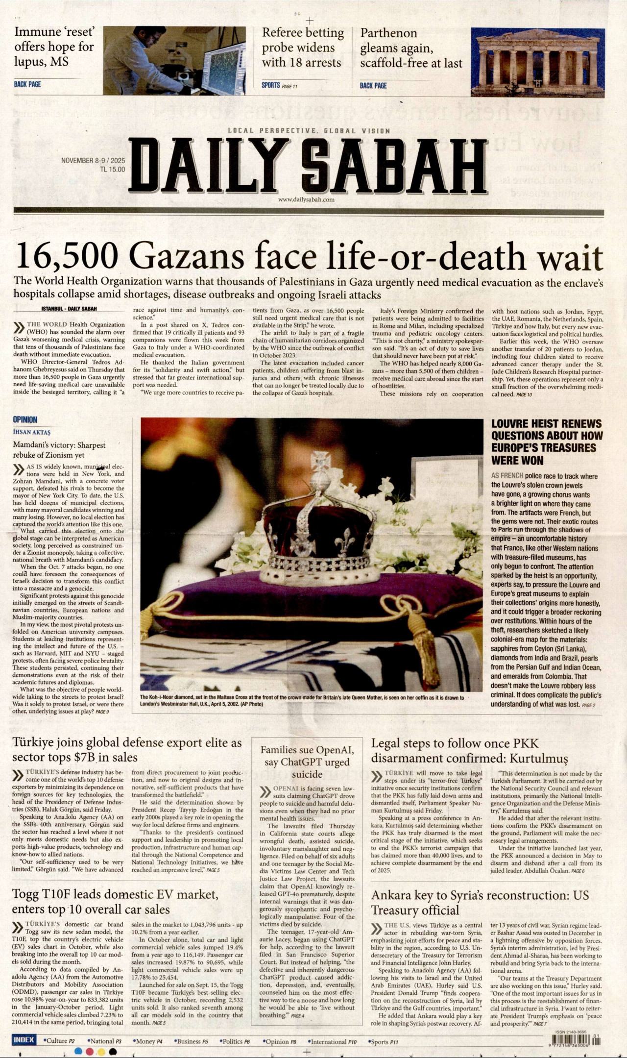 DAİLY SABAH gazetesinin 8 Kasım 2025 tarihli birinci sayfası
