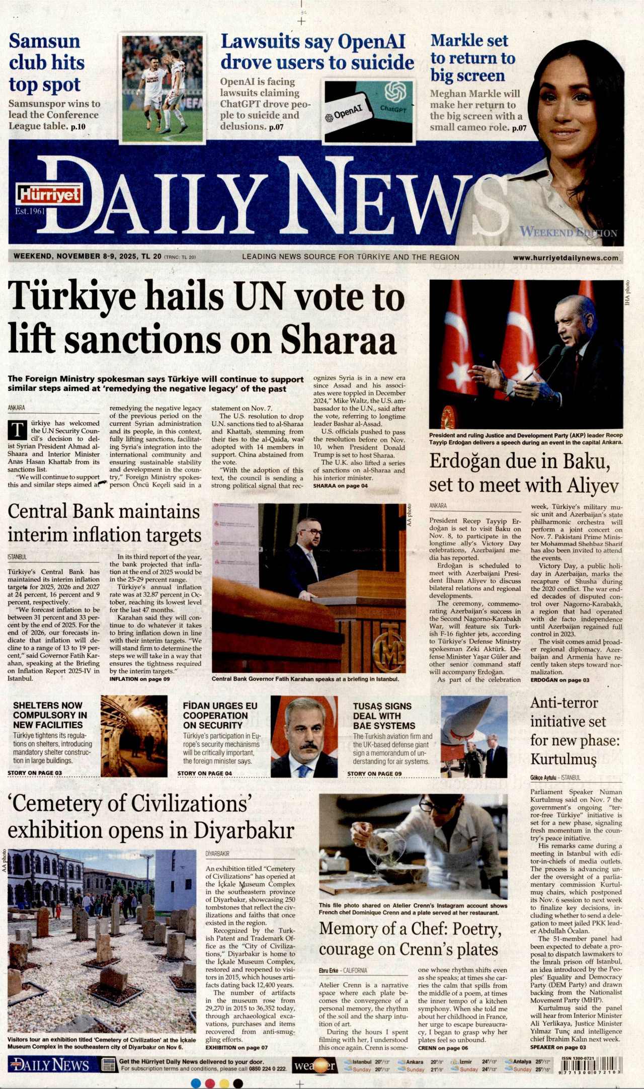 HÜRRİYET DAİLY NEWS gazetesinin 8 Kasım 2025 tarihli birinci sayfası