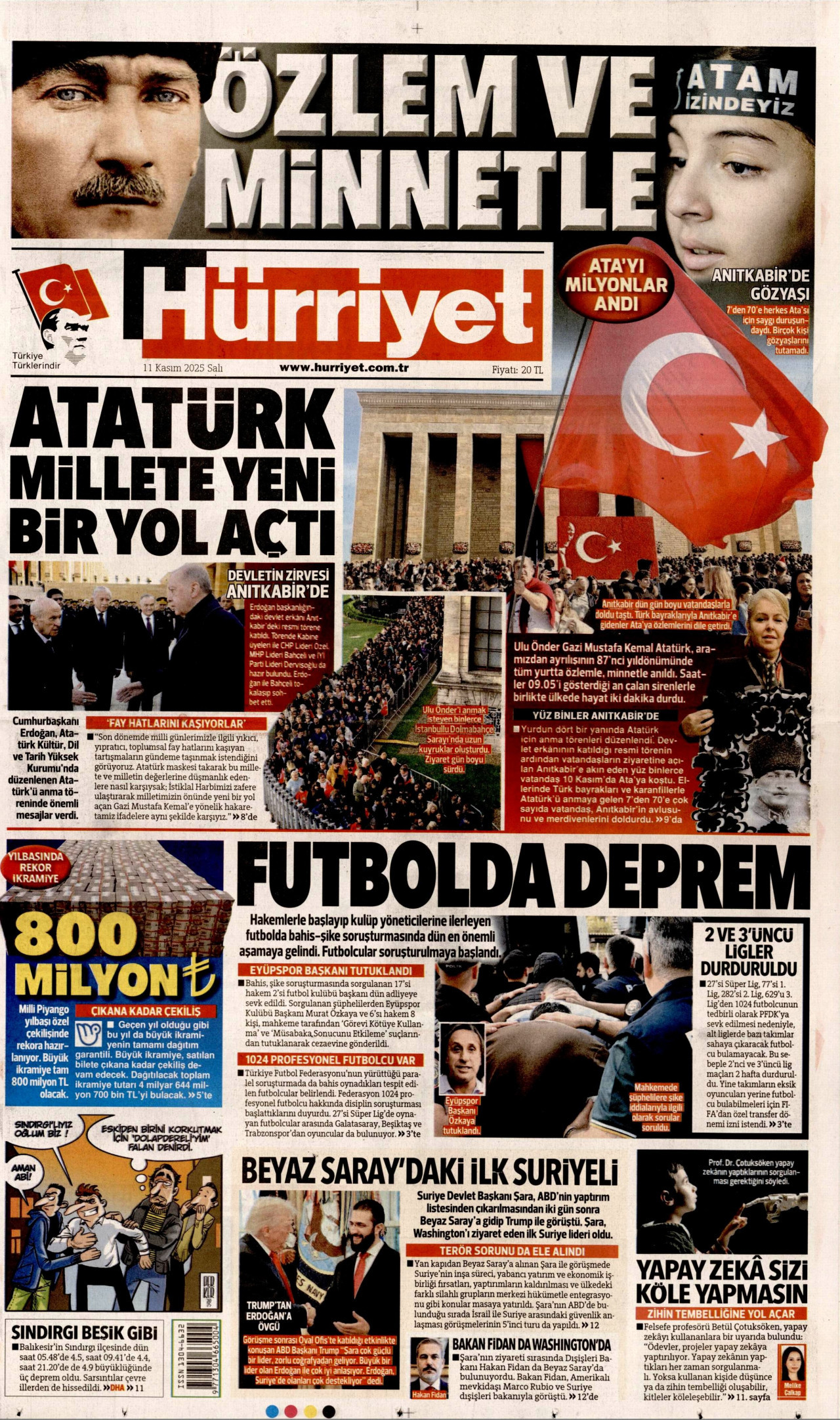 HÜRRİYET gazetesinin 11 Kasım 2025 tarihli birinci sayfası