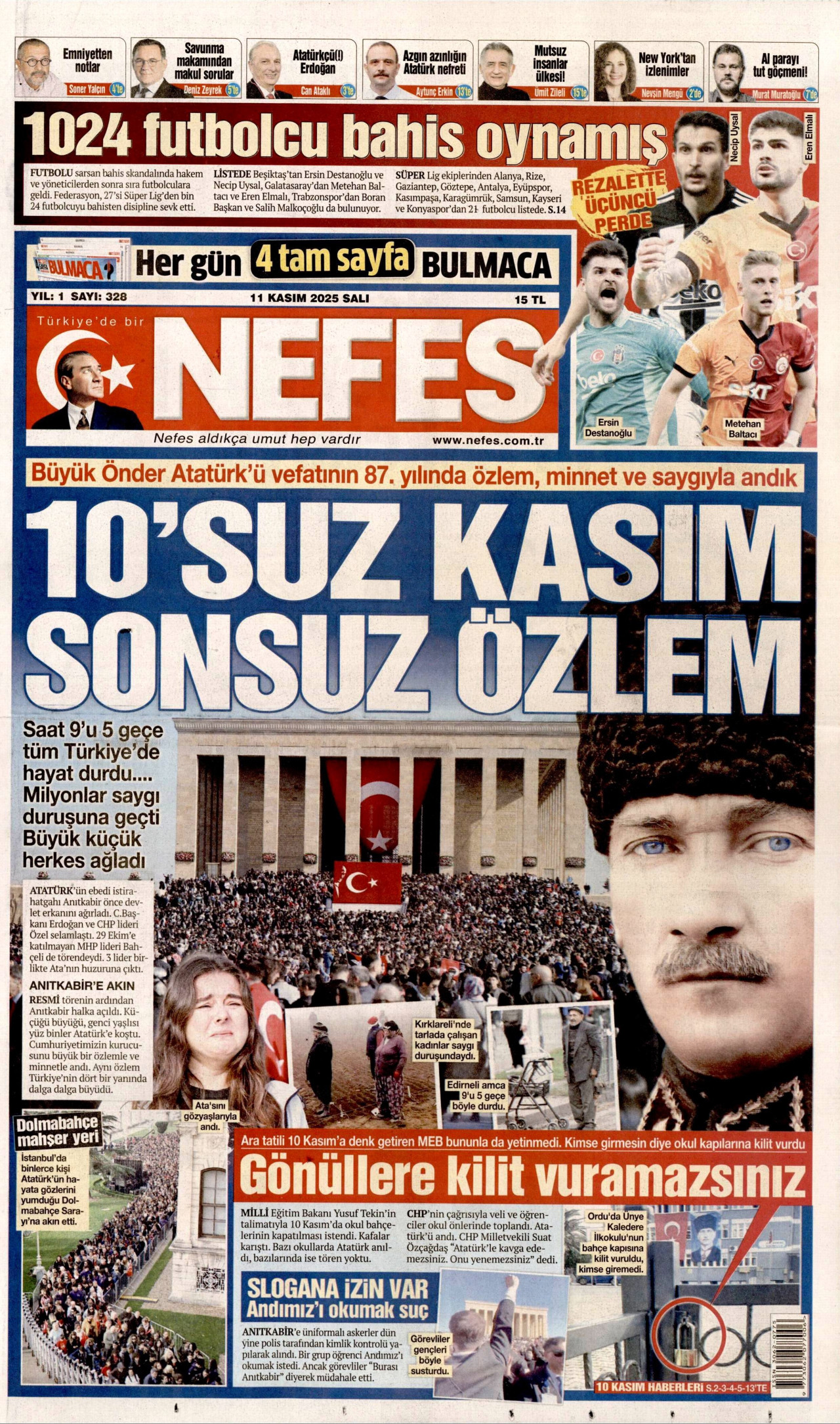 NEFES gazetesinin 11 Kasım 2025 tarihli birinci sayfası