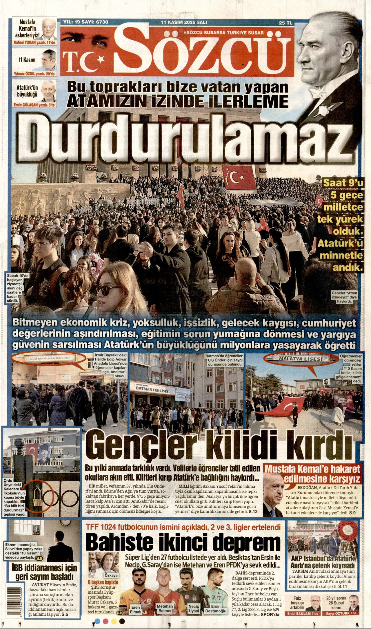 SÖZCÜ gazetesinin 11 Kasım 2025 tarihli birinci sayfası