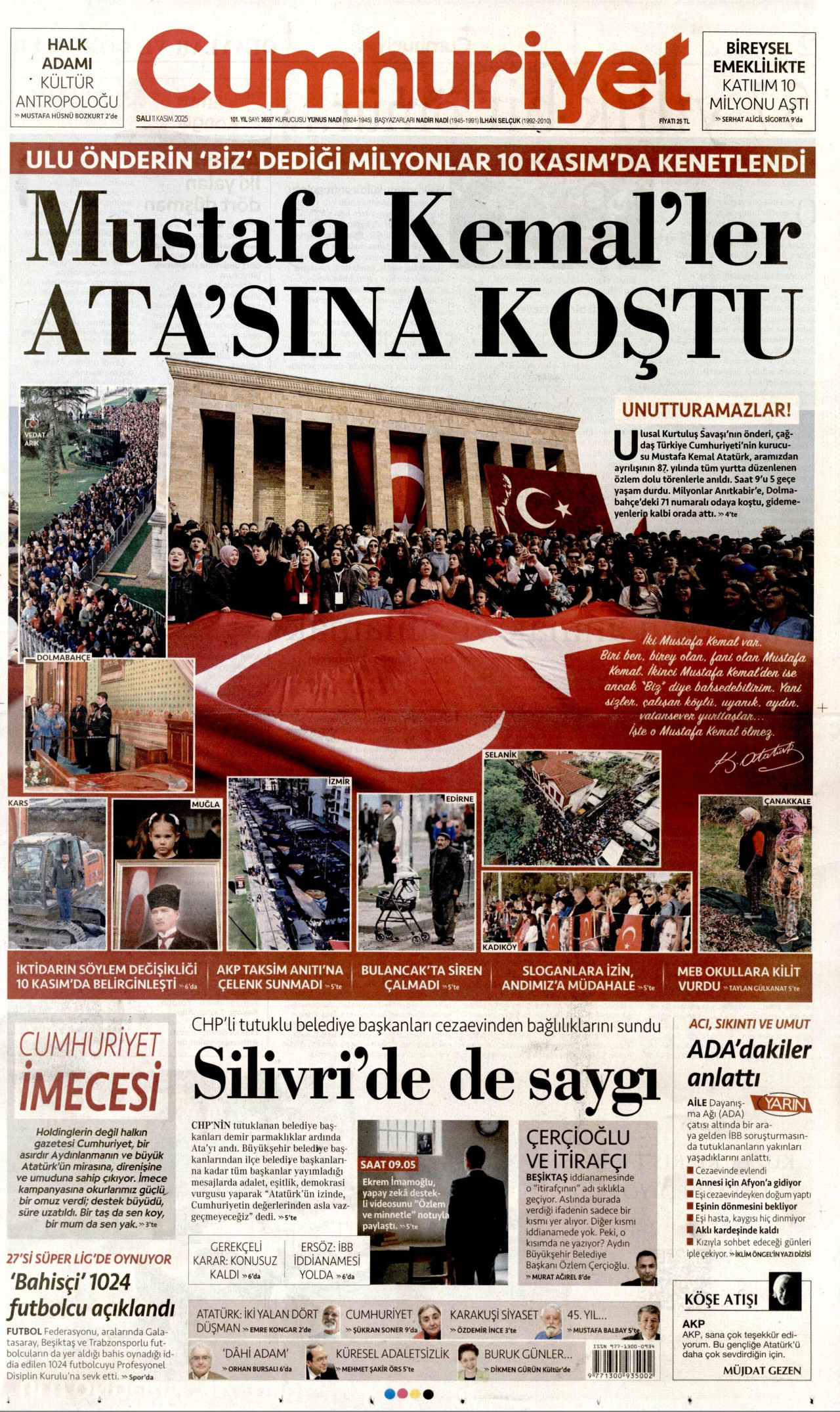 CUMHURİYET gazetesinin 11 Kasım 2025 tarihli birinci sayfası