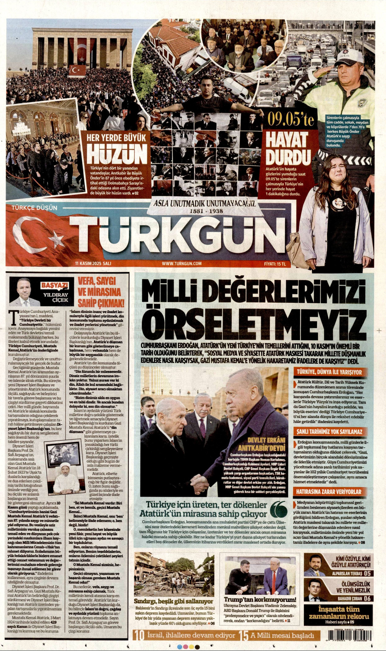 TÜRKGÜN gazetesinin 11 Kasım 2025 tarihli birinci sayfası