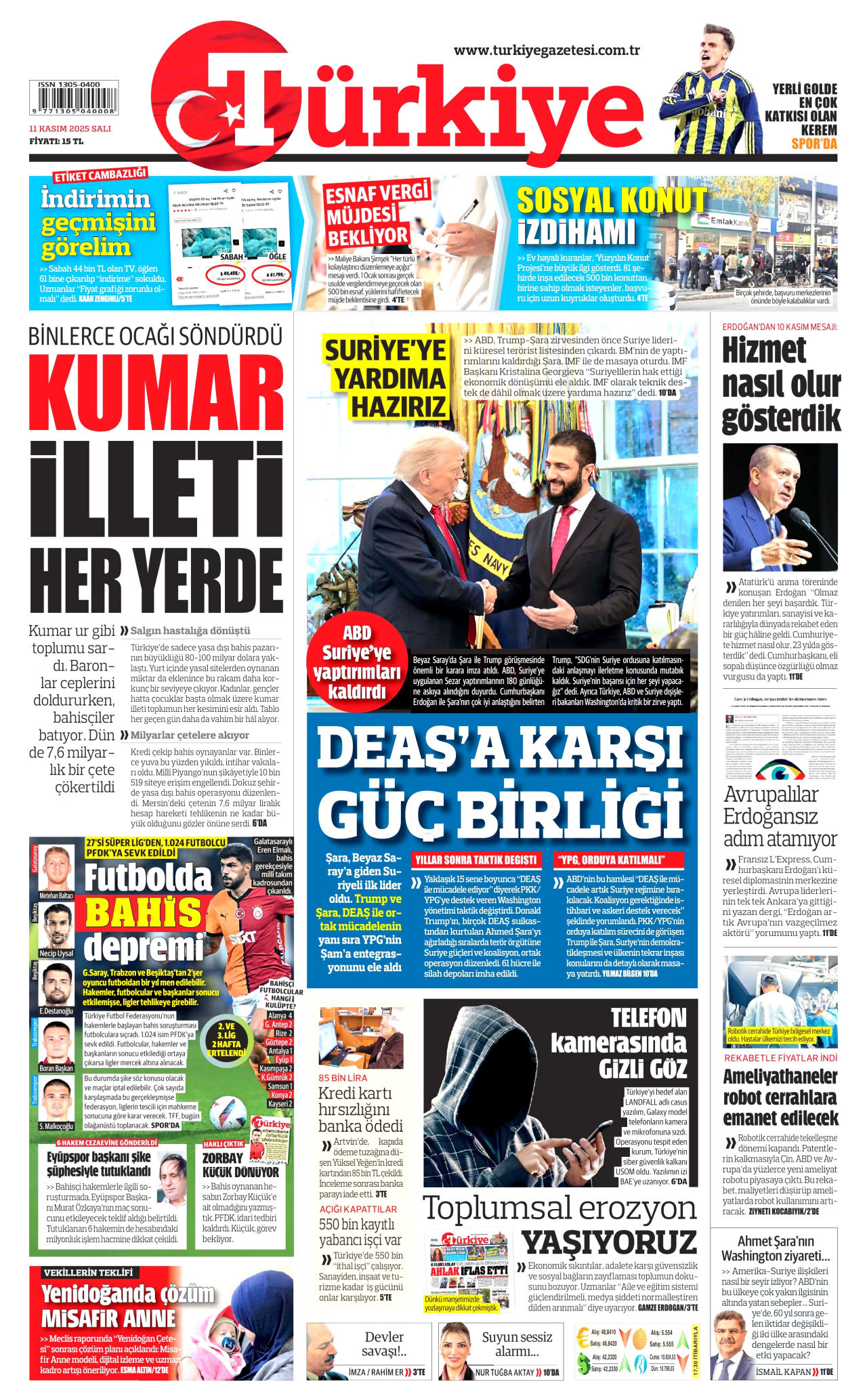TÜRKİYE GAZETESİ gazetesinin 11 Kasım 2025 tarihli birinci sayfası