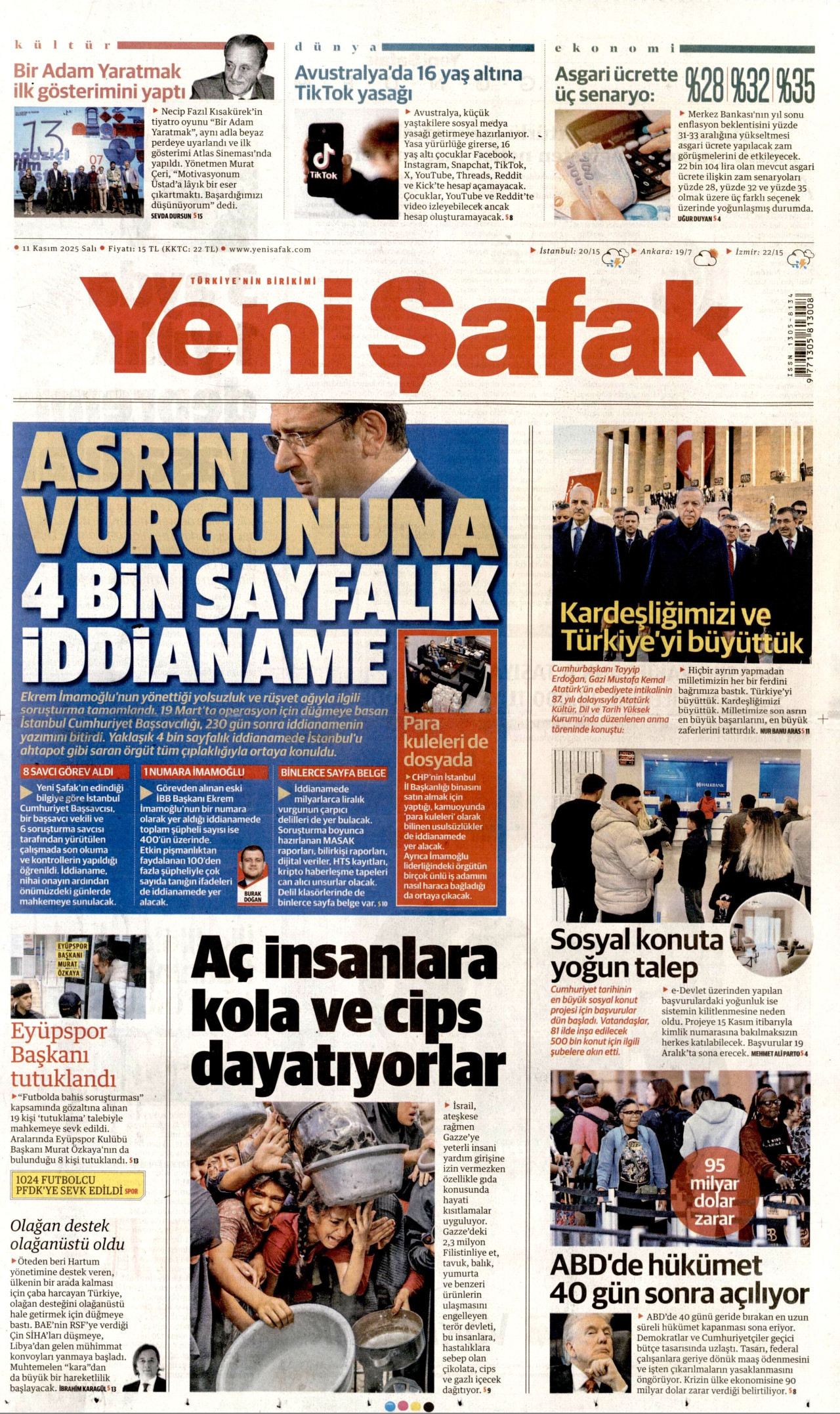 YENİ ŞAFAK gazetesinin 11 Kasım 2025 tarihli birinci sayfası