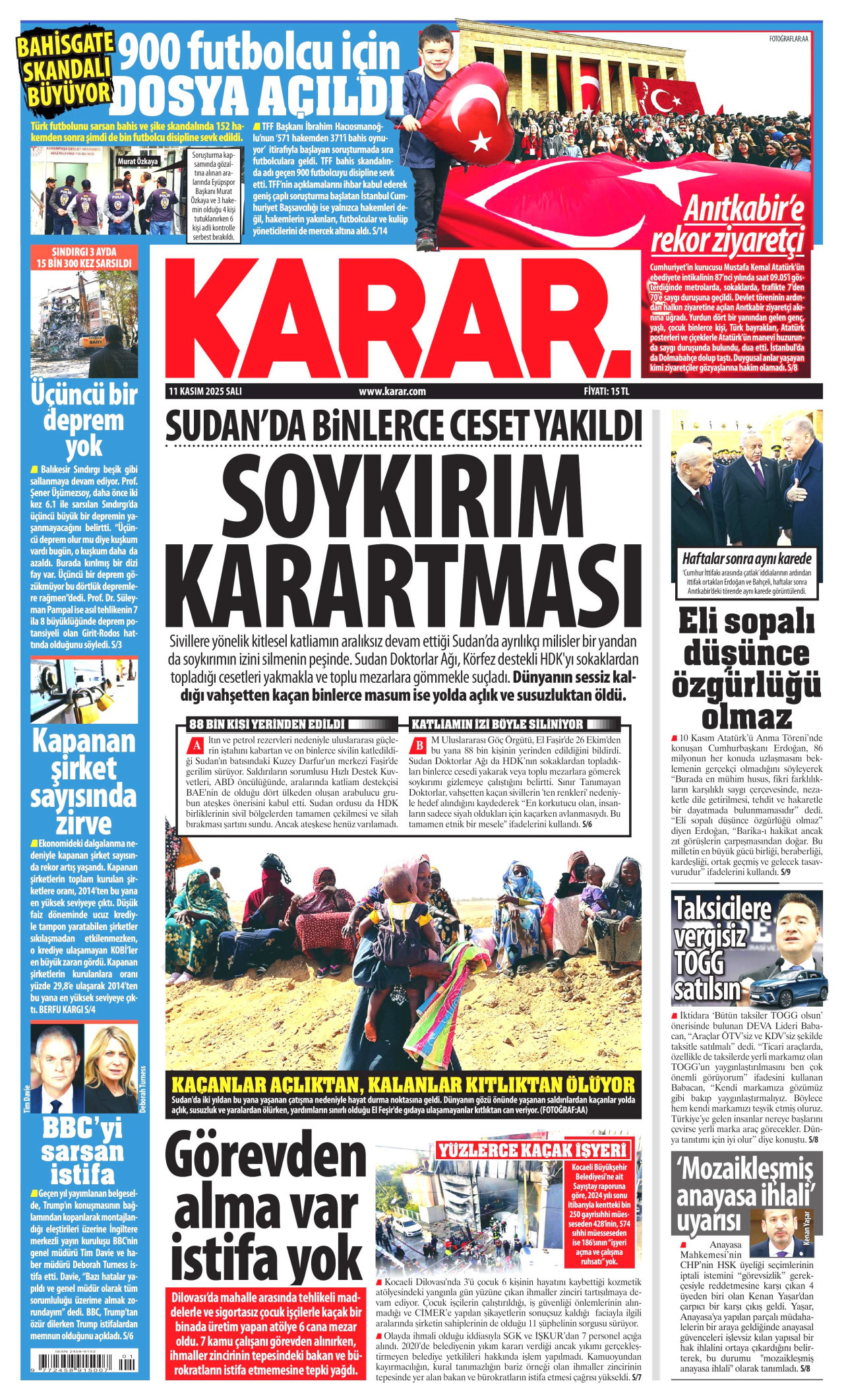 KARAR gazetesinin 11 Kasım 2025 tarihli birinci sayfası
