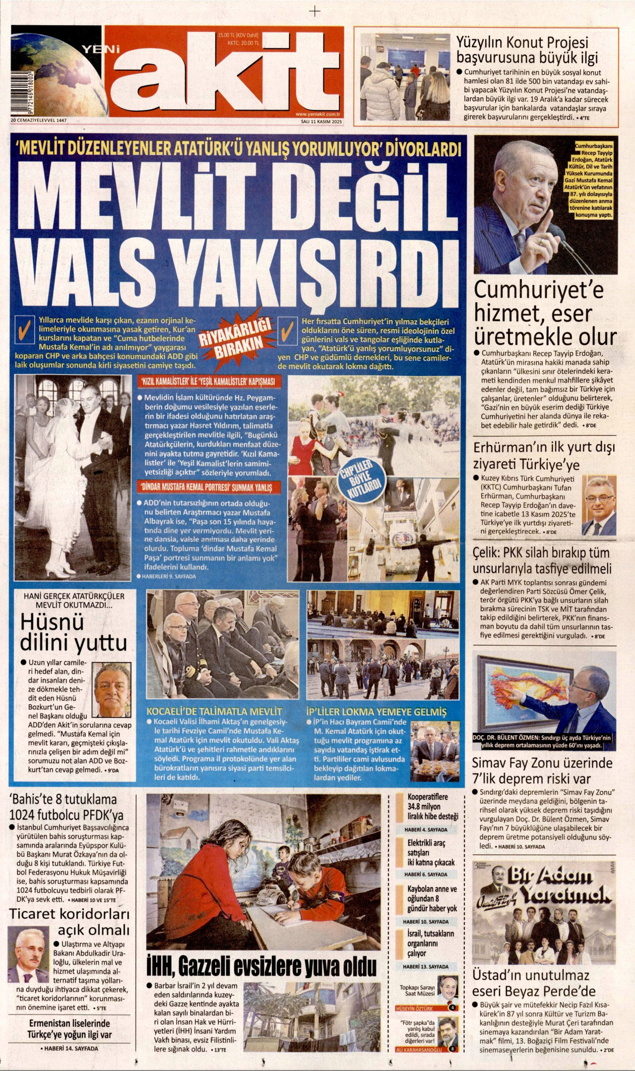 YENİ AKİT gazetesinin 11 Kasım 2025 tarihli birinci sayfası