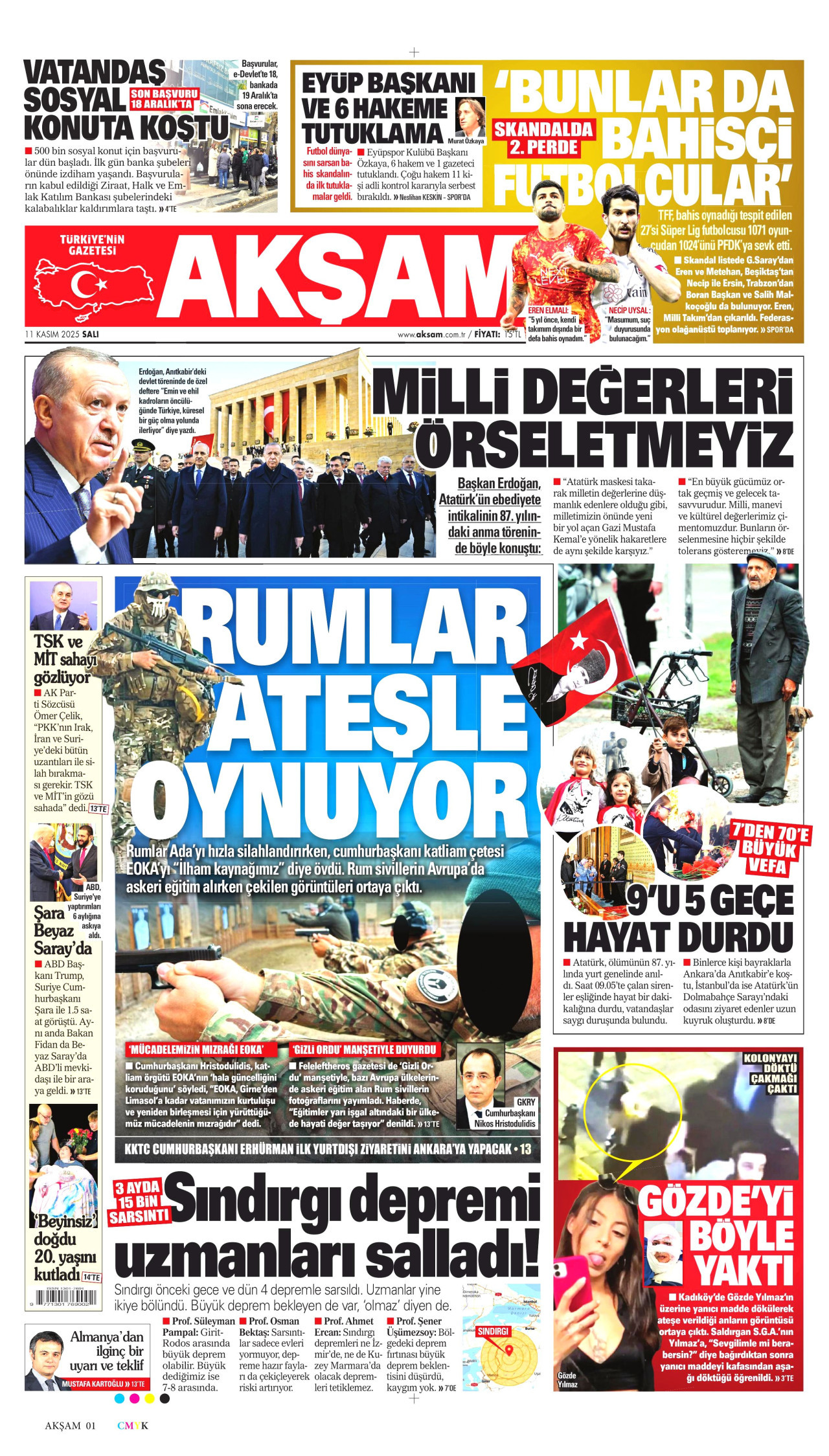 AKŞAM gazetesinin 11 Kasım 2025 tarihli birinci sayfası
