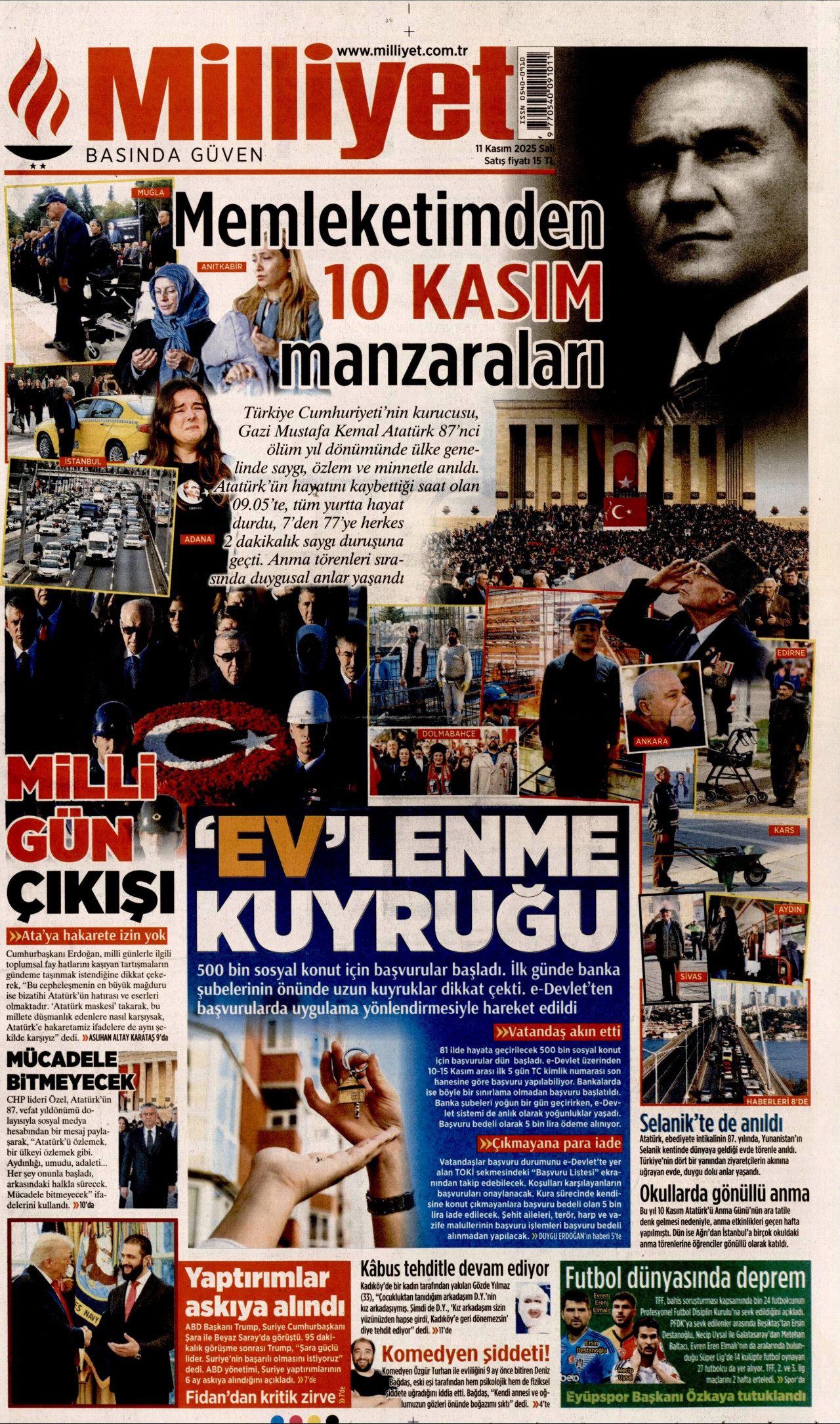 MİLLİYET gazetesinin 11 Kasım 2025 tarihli birinci sayfası