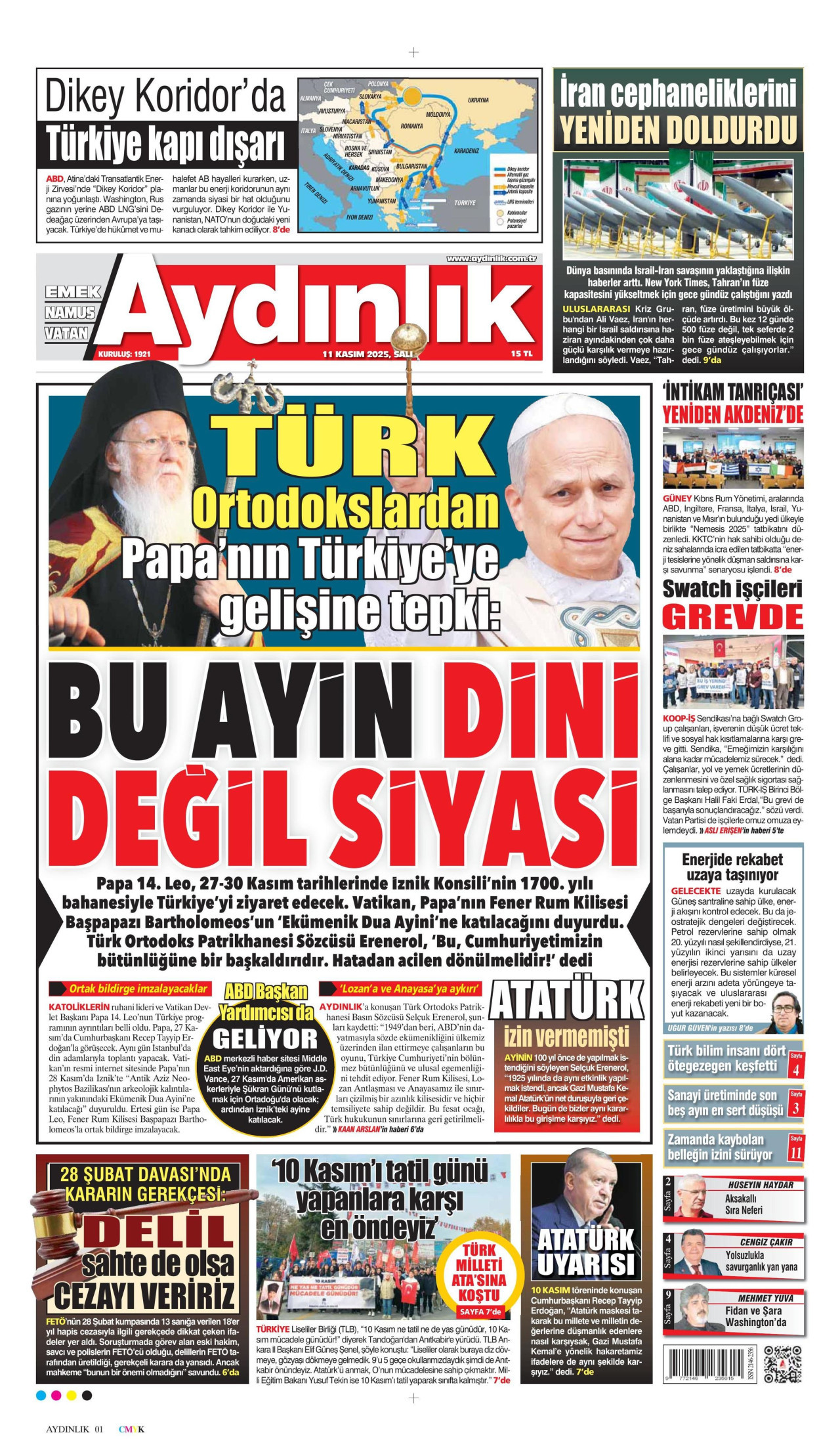 AYDINLIK GAZETESİ gazetesinin 11 Kasım 2025 tarihli birinci sayfası